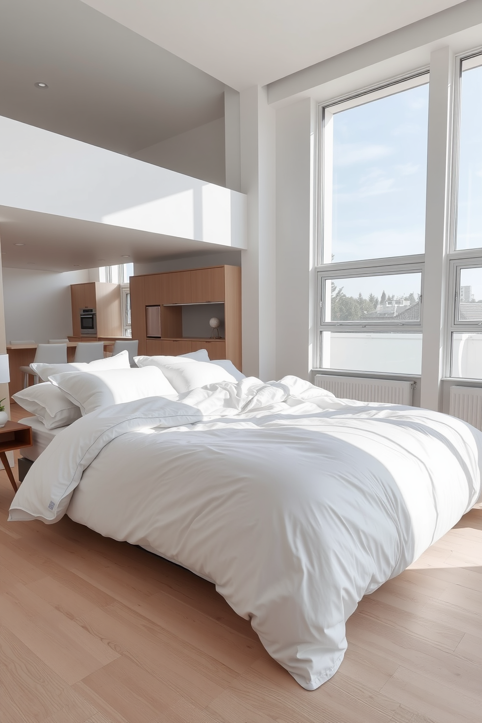 A serene bedroom featuring layered white bedding that creates a soft and inviting atmosphere. The bedding includes a mix of plush pillows and a textured duvet, enhancing the overall comfort and elegance of the space. The apartment design showcases a minimalist aesthetic with clean lines and an open layout. Large windows allow natural light to flood in, illuminating the white walls and light wooden flooring, creating a fresh and airy feel.