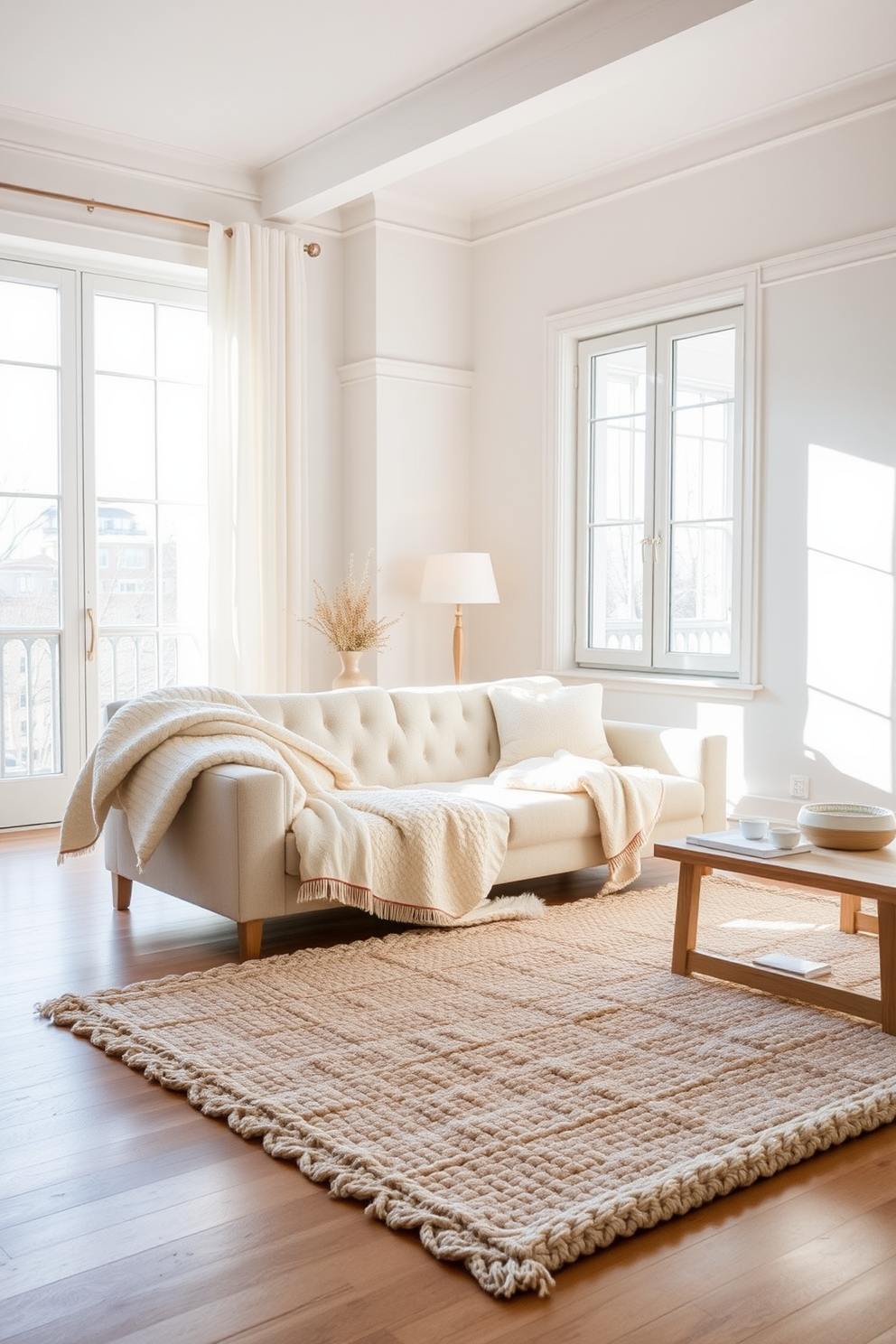 A bright and airy white apartment featuring layered textures for added depth. The living room showcases a plush white sofa adorned with various textured throw pillows, complemented by a soft area rug that adds warmth to the space. Natural light floods the room through large windows, highlighting the sleek white cabinetry in the kitchen. A mix of matte and glossy finishes creates visual interest, while potted plants bring a touch of greenery to the minimalist design.