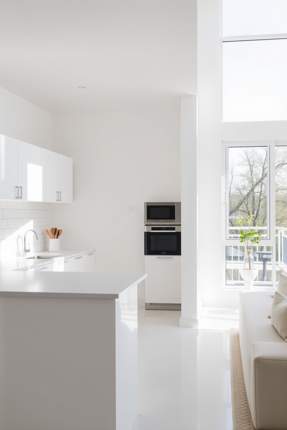 A modern white apartment featuring wall-mounted decor that maximizes space. The living area includes sleek shelves displaying plants and books, creating an airy and organized atmosphere. The kitchen is designed with minimalist cabinetry and open shelving, allowing for easy access to essentials while maintaining a clean aesthetic. Large windows flood the space with natural light, enhancing the bright and inviting ambiance.