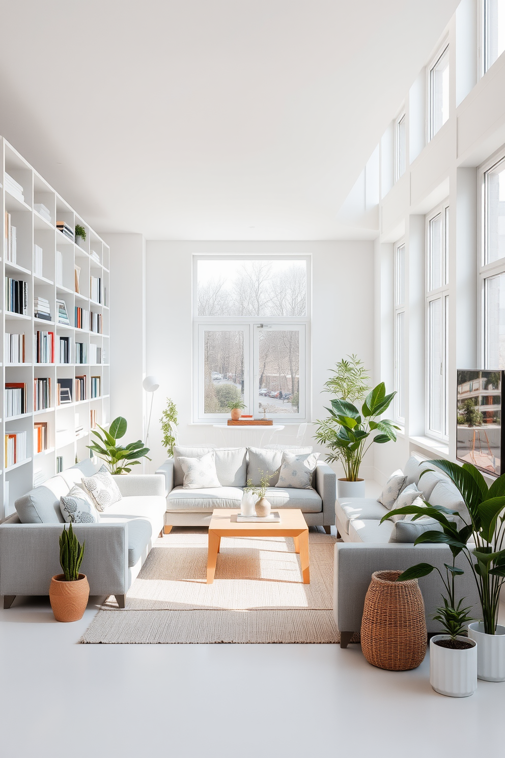 A bright and airy living room features white bookshelves lined with neatly organized books and decorative items. The shelves are complemented by a soft gray sofa and a light wood coffee table, creating a harmonious and inviting space. The white apartment design showcases an open floor plan with large windows that flood the area with natural light. Minimalist furniture and neutral tones enhance the sense of space, while potted plants add a touch of greenery and warmth.