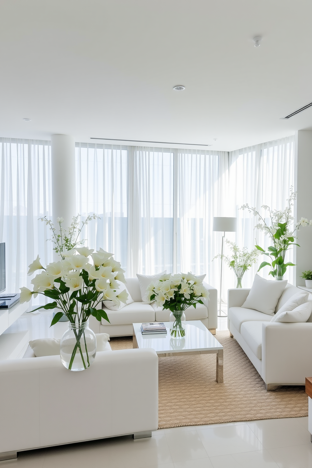 A bright and airy living space featuring white floral arrangements that add a touch of freshness and elegance. The apartment design incorporates sleek furniture with clean lines and a neutral color palette, creating a serene atmosphere. The open concept layout emphasizes natural light, with large windows dressed in sheer white curtains. Accents of greenery complement the white decor, enhancing the overall tranquility of the space.