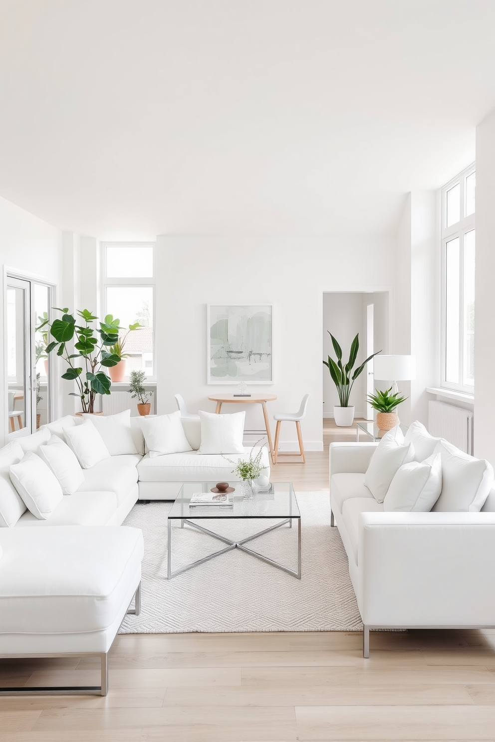 A bright and airy living room featuring a white sofa adorned with plush white accent pillows for added comfort. The walls are painted in a soft white hue, and large windows allow natural light to flood the space, enhancing the minimalist aesthetic. The apartment incorporates sleek furniture with clean lines, including a glass coffee table and a light wood side table. Decorative elements such as indoor plants and abstract artwork add a touch of sophistication to the overall design.