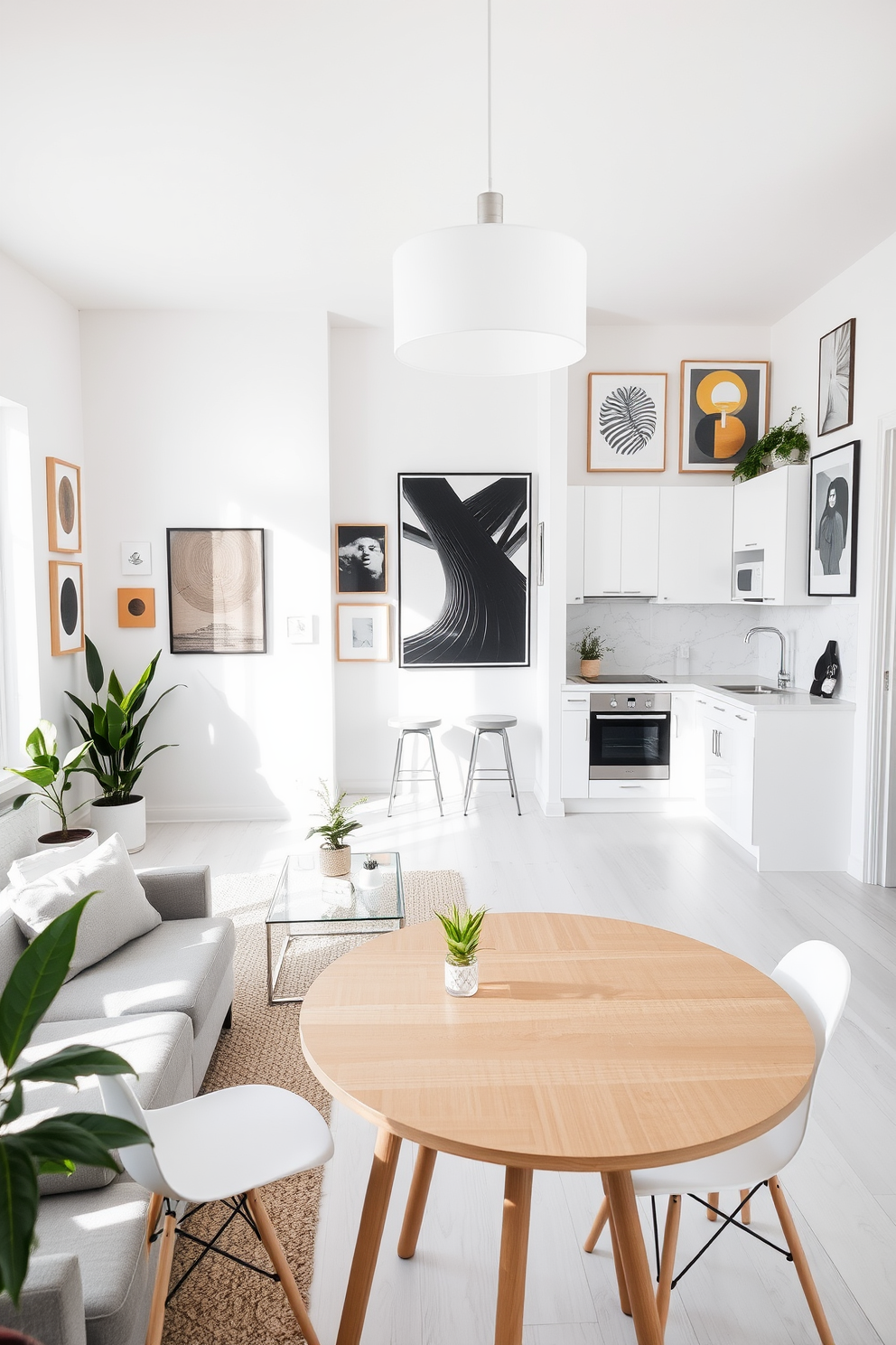 A bright and airy apartment featuring white walls adorned with various pieces of modern wall art that create a striking contrast. The open living space includes a plush gray sofa, a sleek glass coffee table, and plants that add a touch of greenery to the minimalist decor. The kitchen boasts white cabinetry with stainless steel appliances, complemented by a marble backsplash that enhances the overall brightness of the space. A cozy dining area with a round wooden table and white chairs offers an inviting spot for meals, illuminated by a stylish pendant light overhead.