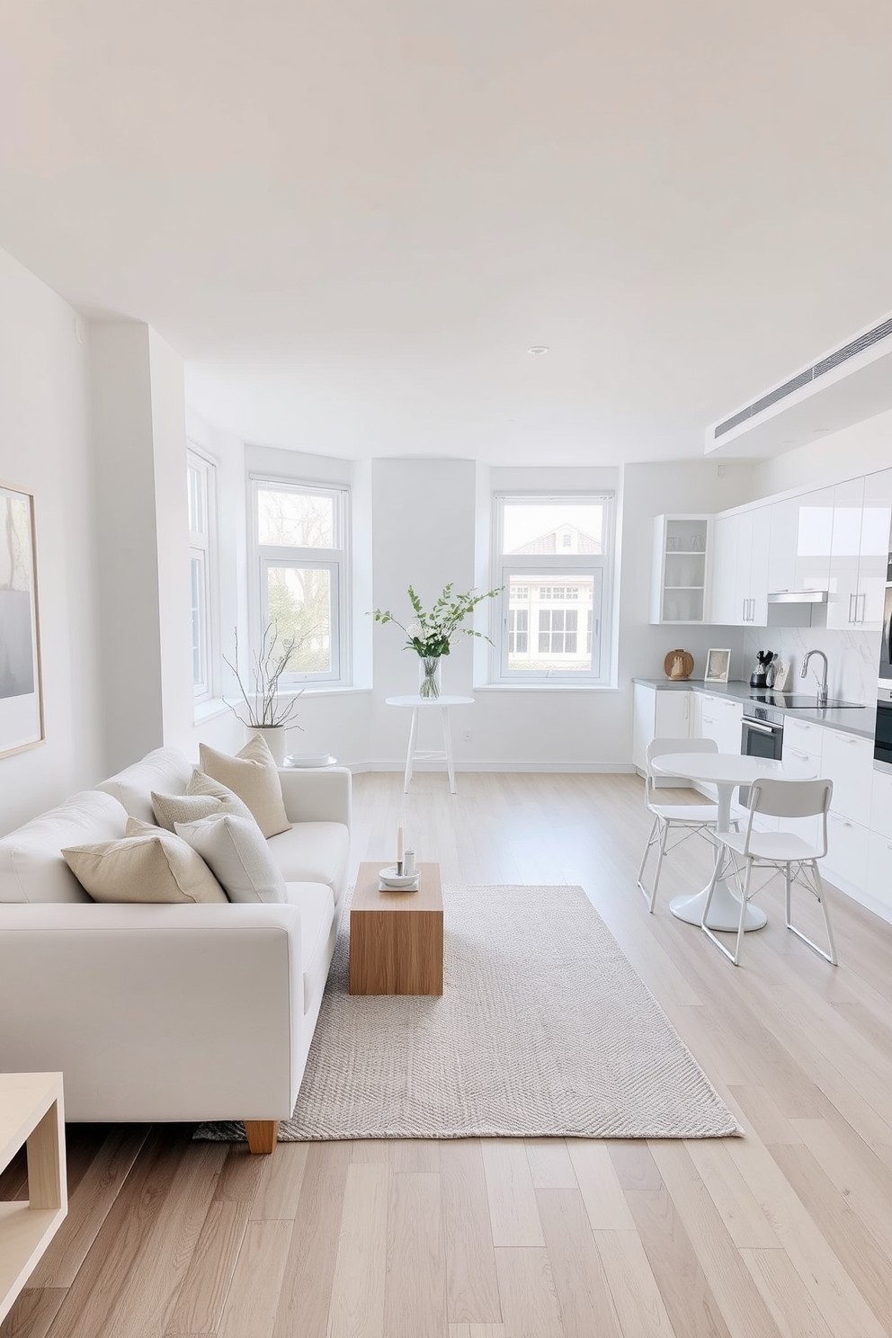 A serene white apartment designed with neutral tones creates a calming atmosphere. The open living space features a plush white sofa paired with soft beige throw pillows and a light wood coffee table. Large windows allow natural light to flood the room, enhancing the airy feel. The walls are adorned with minimalist artwork, and a light gray area rug anchors the seating area. In the kitchen, sleek white cabinets blend seamlessly with a marble backsplash and stainless steel appliances. A small dining nook with a round table and white chairs completes the space, making it perfect for intimate gatherings.