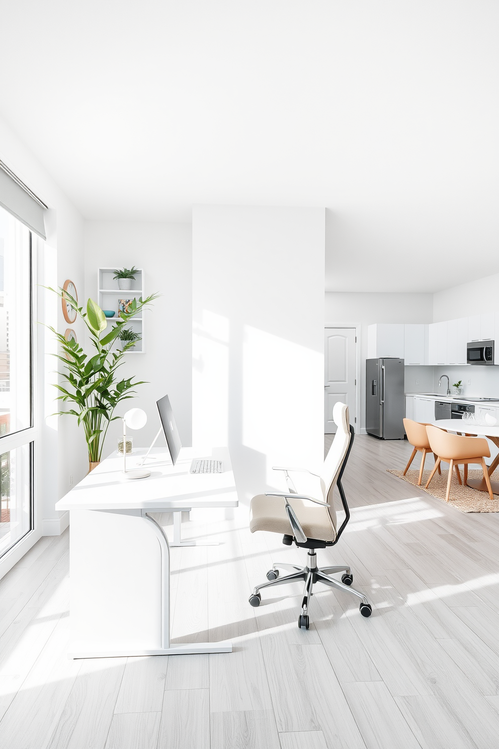 A bright and airy workspace features a sleek white desk positioned against a large window that allows natural light to flood the room. The desk is complemented by a comfortable ergonomic chair and minimalistic decor that promotes focus and productivity. In a contemporary white apartment design, open-concept living spaces are enhanced by light wood flooring and strategically placed greenery. The kitchen seamlessly integrates with the living area, showcasing modern appliances and a chic dining table that invites casual gatherings.