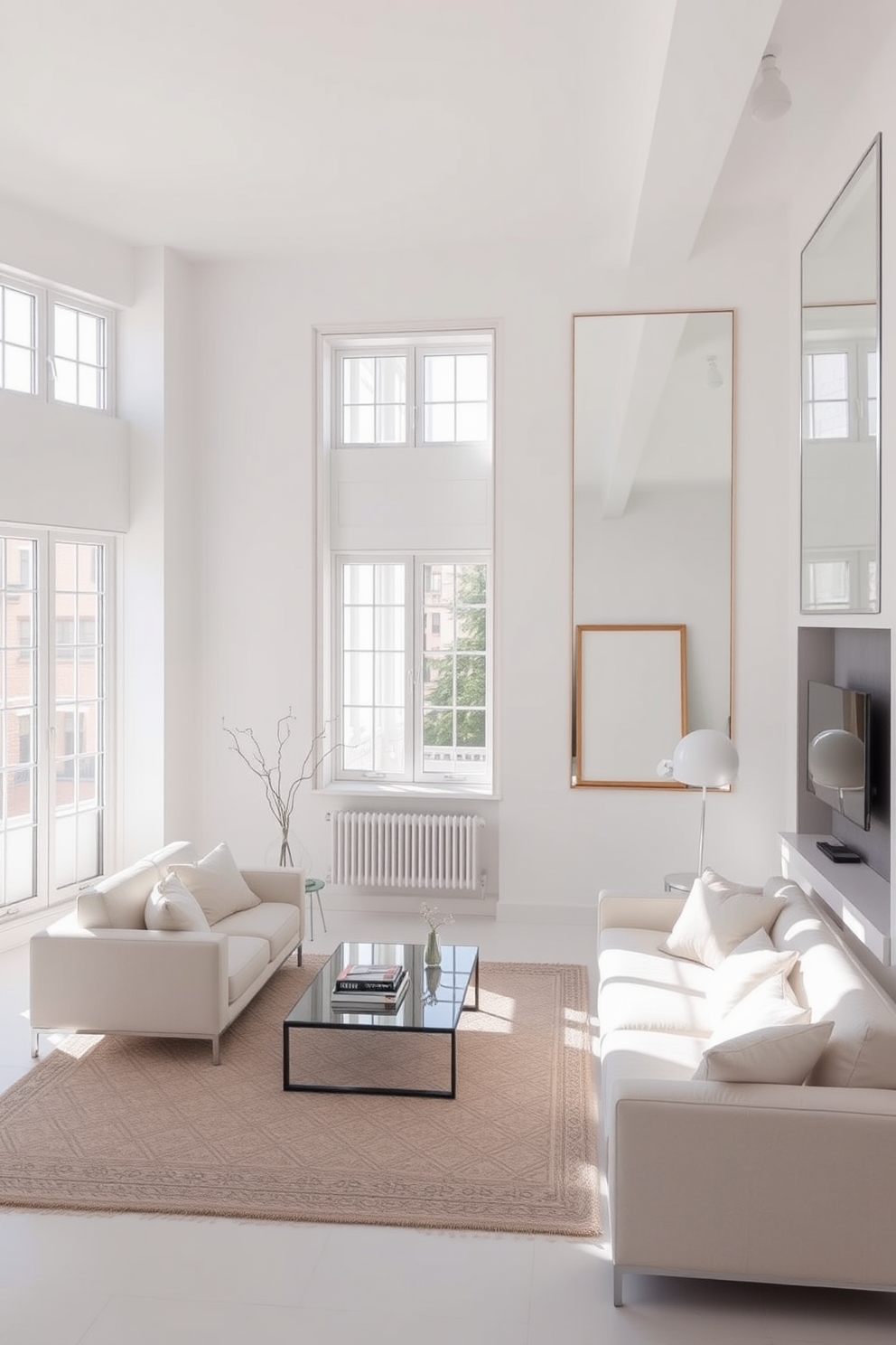 A bright and airy apartment featuring white mirrors that reflect natural light throughout the space. The walls are painted in a soft white hue, enhancing the open and spacious feel of the design. The living area showcases a minimalist aesthetic with modern furniture in neutral tones. Large windows allow sunlight to flood in, creating a warm and inviting atmosphere.