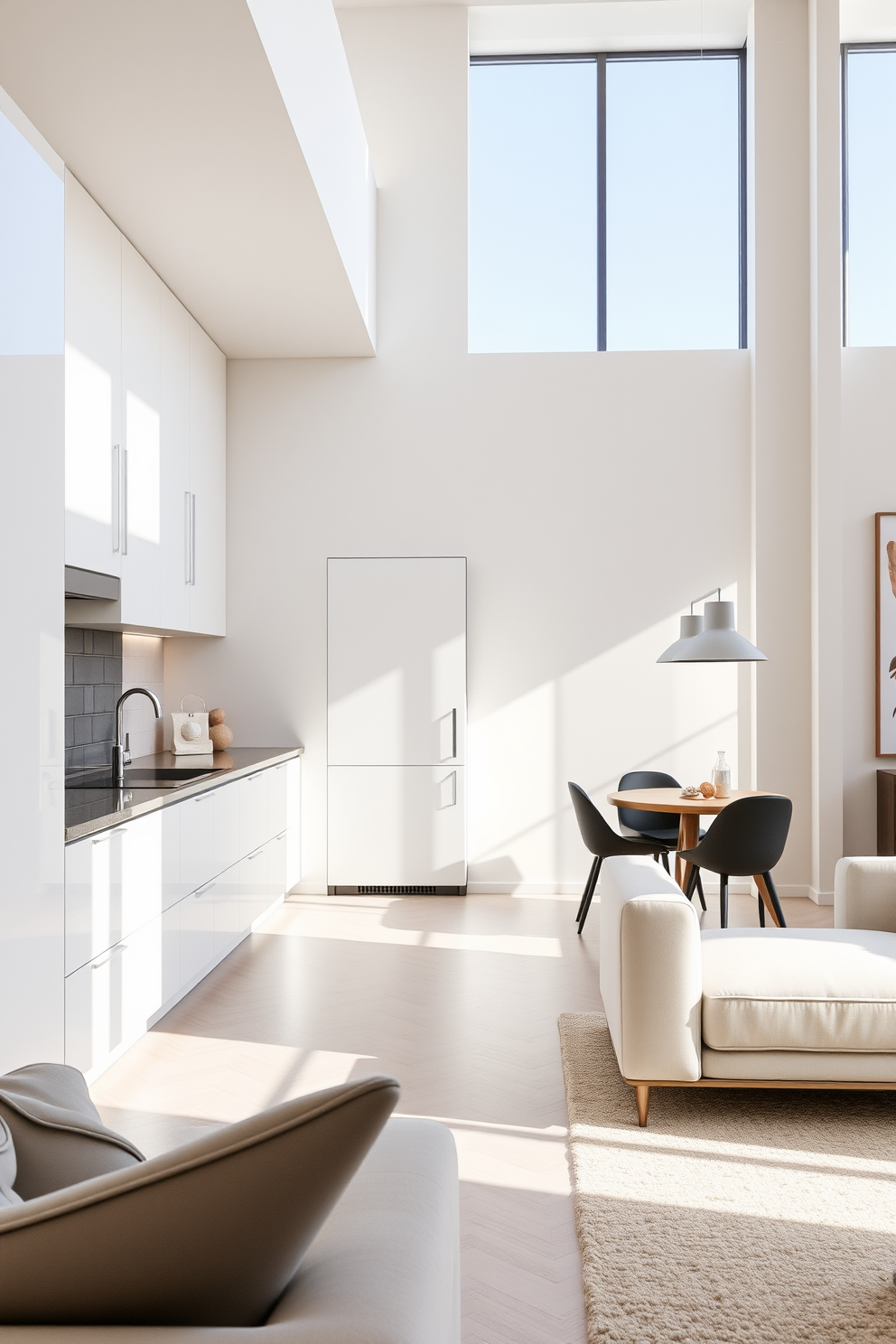 A modern kitchen featuring sleek white appliances seamlessly integrated into minimalist cabinetry. The space is illuminated by natural light streaming through large windows, enhancing the clean lines and open layout. In a stylish apartment design, the walls are adorned with soft neutral tones that create a calming atmosphere. Contemporary furniture pieces are strategically placed to maximize space while maintaining an elegant and inviting aesthetic.