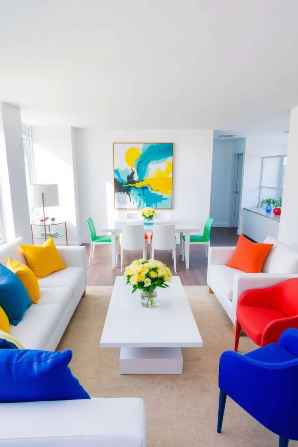 A bright and airy living room featuring white furniture pieces complemented by vibrant accent pillows in shades of blue and yellow. A large abstract painting hangs on the wall, adding a splash of color to the space, while a sleek coffee table in the center holds a bouquet of fresh flowers. The dining area showcases a white table surrounded by colorful chairs in various hues, creating a playful yet elegant atmosphere. Natural light floods the room through large windows, highlighting the cheerful accents and enhancing the overall inviting feel of the apartment.