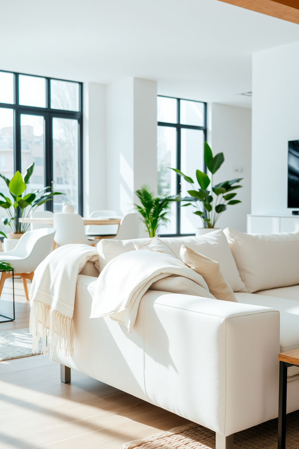 A serene living room setting featuring a plush white sofa adorned with soft white throw blankets draped casually over the armrest. Natural light floods the space through large windows, highlighting the warm wood accents and neutral color palette. A modern apartment design showcasing an open floor plan with white walls and sleek furniture. The minimalist decor is complemented by greenery from potted plants, creating a fresh and inviting atmosphere.