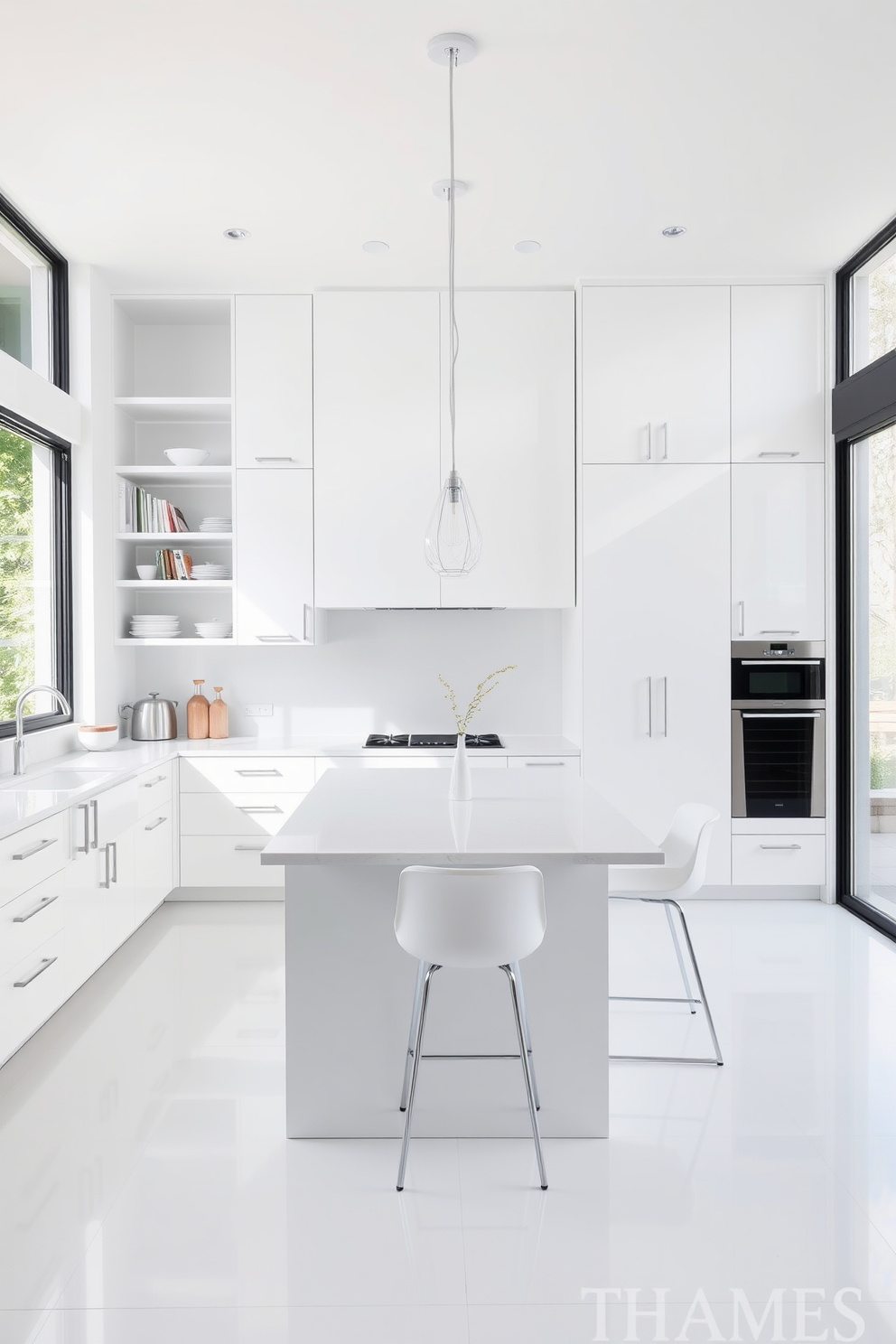 Bright white kitchen with open shelving. The cabinets are sleek and handleless, creating a seamless look. Natural light floods the space through large windows, highlighting the minimalist decor. A large island with bar stools provides a casual dining area, complemented by stylish pendant lights above.