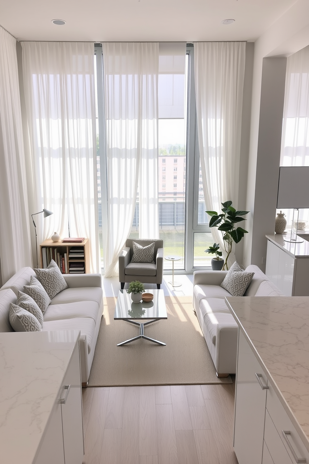 A bright and airy apartment featuring large windows adorned with white curtains that gently diffuse the natural light. The space is decorated in a modern style with a neutral color palette and minimalist furniture, creating a serene and inviting atmosphere. The living area includes a plush white sofa paired with a sleek coffee table, while a cozy reading nook is set up by the window with a comfortable armchair and a small bookshelf. The open kitchen boasts white cabinetry and a marble island, seamlessly blending functionality with elegance.