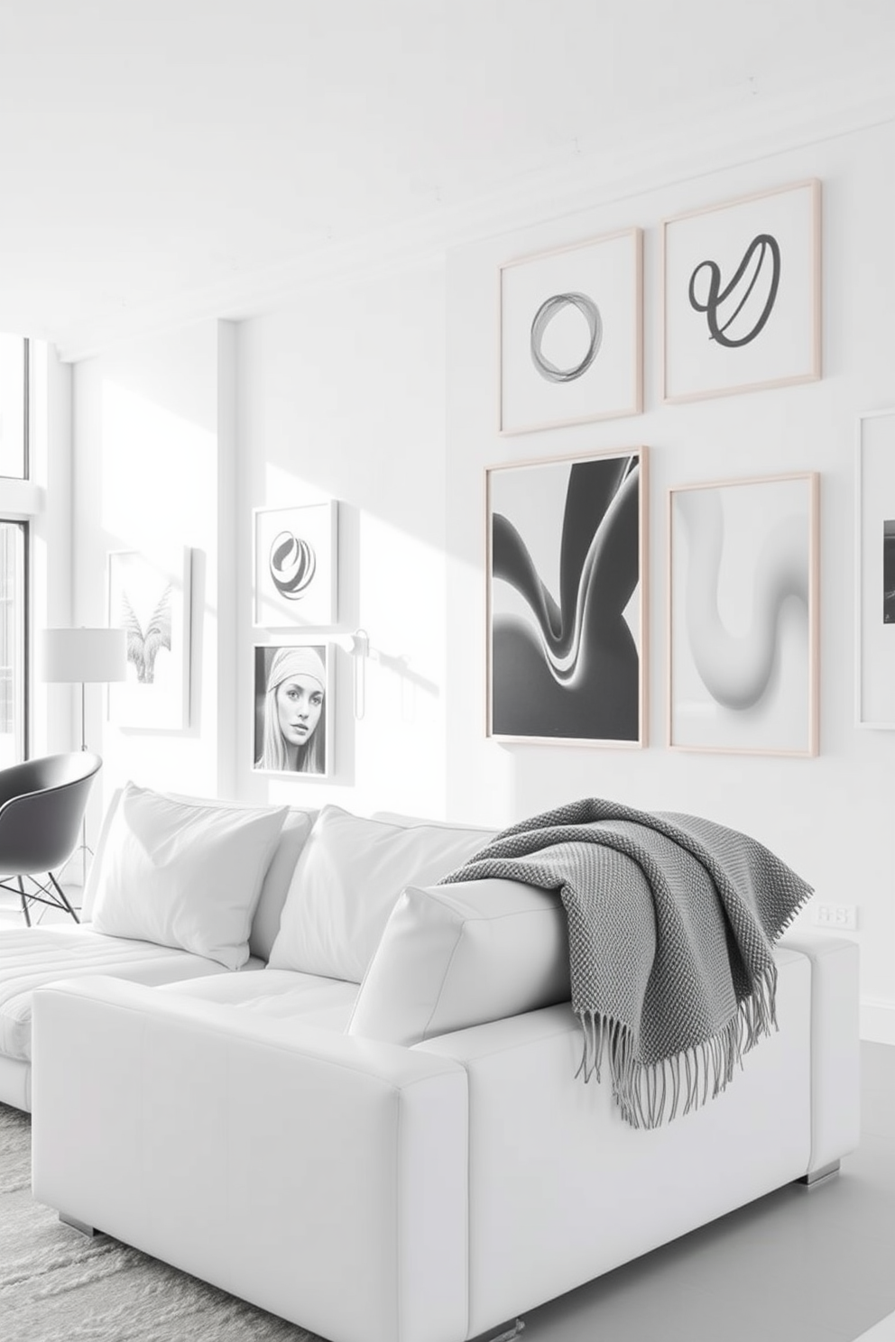 Monochromatic art pieces create a striking focal point in a minimalist white apartment. The walls are adorned with various shades of white and gray artwork, enhancing the overall aesthetic while maintaining a cohesive look. In the living area, a sleek white sofa complements the art, with a soft gray throw blanket draped casually over one arm. Natural light pours in through large windows, illuminating the space and highlighting the textures of the art pieces.