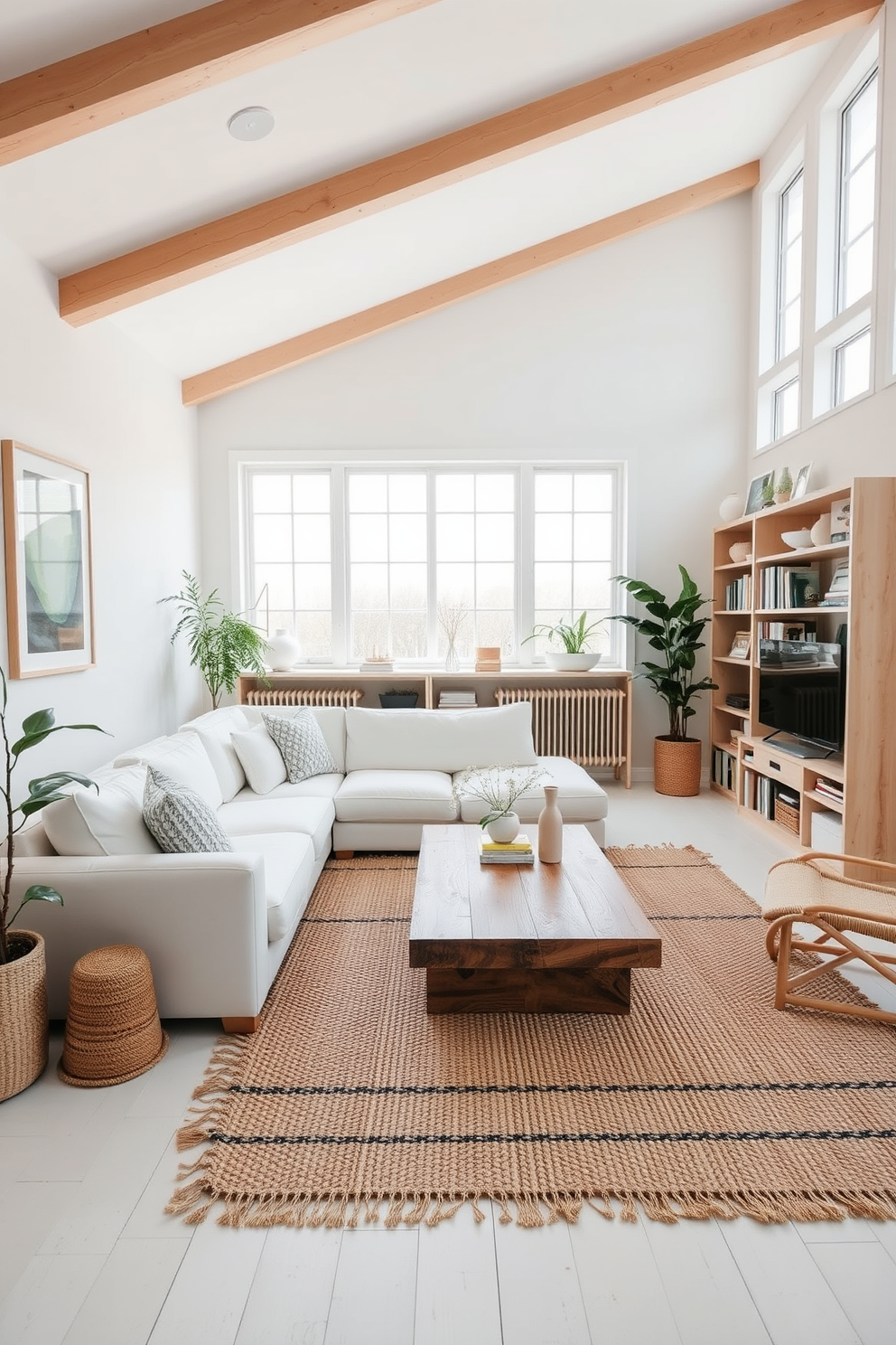 A bright and airy living room featuring a white color palette complemented by natural wood accents. The space includes a plush white sectional sofa, a reclaimed wood coffee table, and large windows that flood the room with natural light. The walls are adorned with minimalist artwork in soft tones, while a light wood bookshelf holds an array of books and decorative items. A cozy woven rug in neutral shades anchors the seating area, creating a warm and inviting atmosphere.