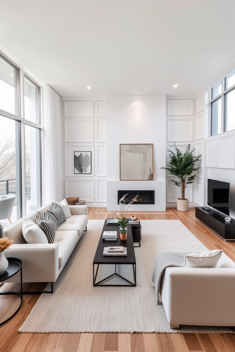 A bright living room featuring an accent wall with white paneling that adds depth and elegance to the space. The room is adorned with minimalist furniture and large windows allowing natural light to flood in. The apartment design focuses on a clean and modern aesthetic with a neutral color palette. Cozy textures and tasteful decor elements create a welcoming atmosphere throughout the open layout.