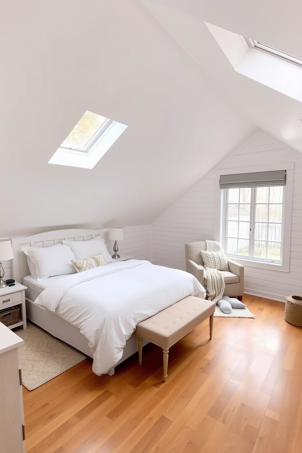 Cozy reading nook with white cushions. Soft natural light filters through a large window, illuminating a plush area rug that anchors the space. A comfortable armchair is positioned next to a small side table stacked with books. Shelves filled with colorful novels line the walls, creating an inviting atmosphere. White Attic Room Design Ideas. The sloped ceiling is adorned with exposed wooden beams, adding character to the room. A stylish daybed with fluffy white bedding rests against one wall, while a small desk in the corner offers a perfect spot for writing or studying. Decorative string lights hang from the beams, creating a warm and whimsical ambiance.