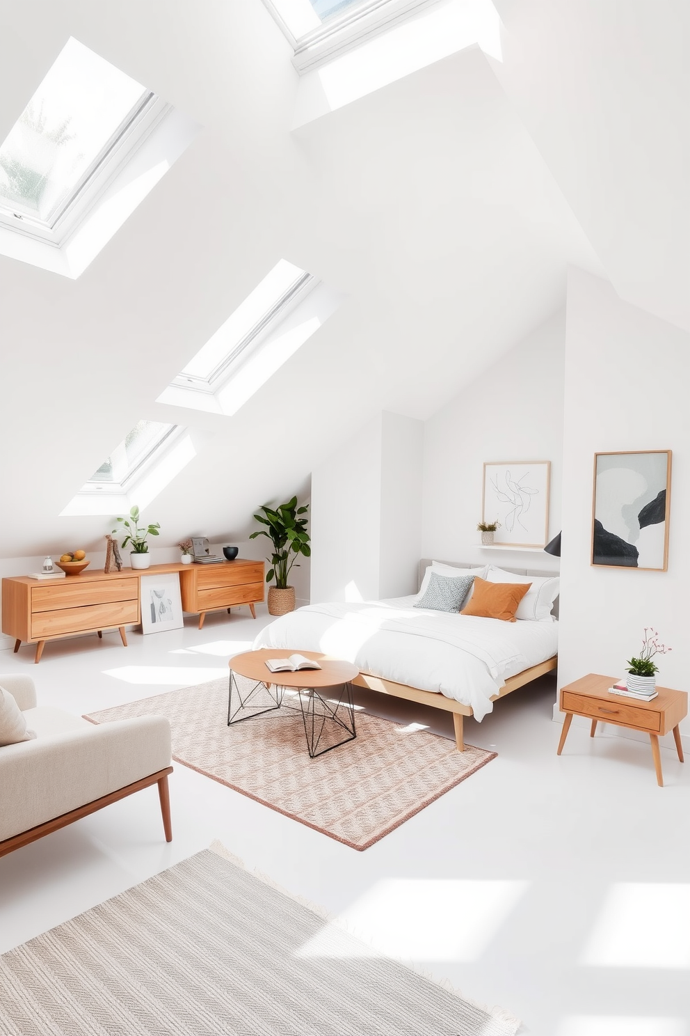 A contemporary white attic guest room featuring sloped ceilings and large skylights that flood the space with natural light. The room is adorned with minimalist decor, including a plush white bed with soft linens and a cozy reading nook by the window. A stylish area rug anchors the space, while sleek wooden furniture adds warmth and functionality. Decorative elements like potted plants and abstract wall art enhance the modern aesthetic, creating an inviting atmosphere for guests.