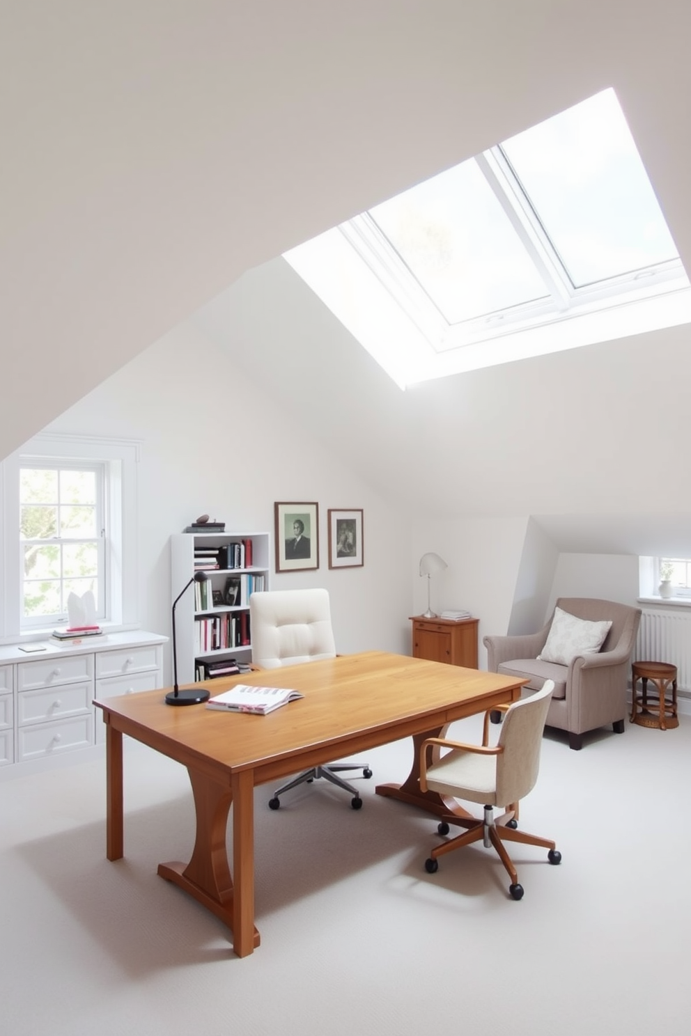 A spacious white attic office features a large wooden desk positioned under a skylight that floods the room with natural light. The walls are painted in a crisp white, complemented by soft gray accents and a cozy reading nook with a plush armchair in the corner.