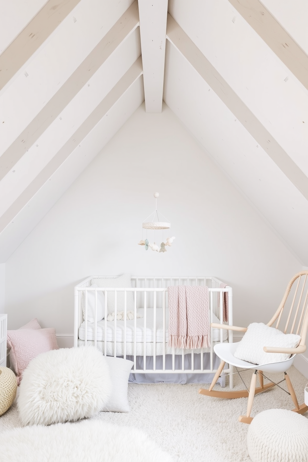 Light filled nursery with white accents. The room features a cozy crib with soft bedding and a plush rug on the hardwood floor. White attic room design ideas. The space is adorned with sloped ceilings and large windows that let in natural light, complemented by minimalist furniture and a calming color palette.