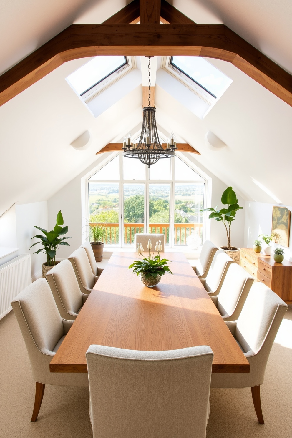 A cozy rustic attic retreat featuring exposed white wood beams that add warmth and character to the space. The room is furnished with a plush, oversized sectional sofa adorned with textured throw pillows and a soft area rug underfoot. Natural light floods the room through large skylights, illuminating the warm wooden floors. A vintage coffee table sits in the center, surrounded by a collection of books and decorative items that enhance the inviting atmosphere.