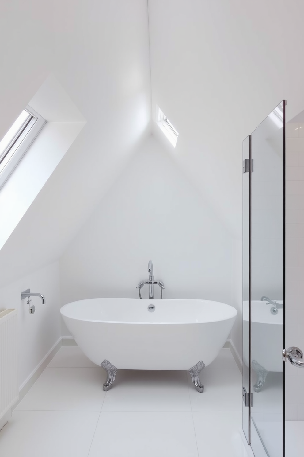 Bright white attic bathroom with modern fixtures. The space features sleek lines and minimalist design elements, creating an airy and open atmosphere. Natural light floods in through a skylight, illuminating the white walls and polished chrome accents. A freestanding tub sits elegantly beneath the sloped ceiling, complemented by a stylish glass shower enclosure.