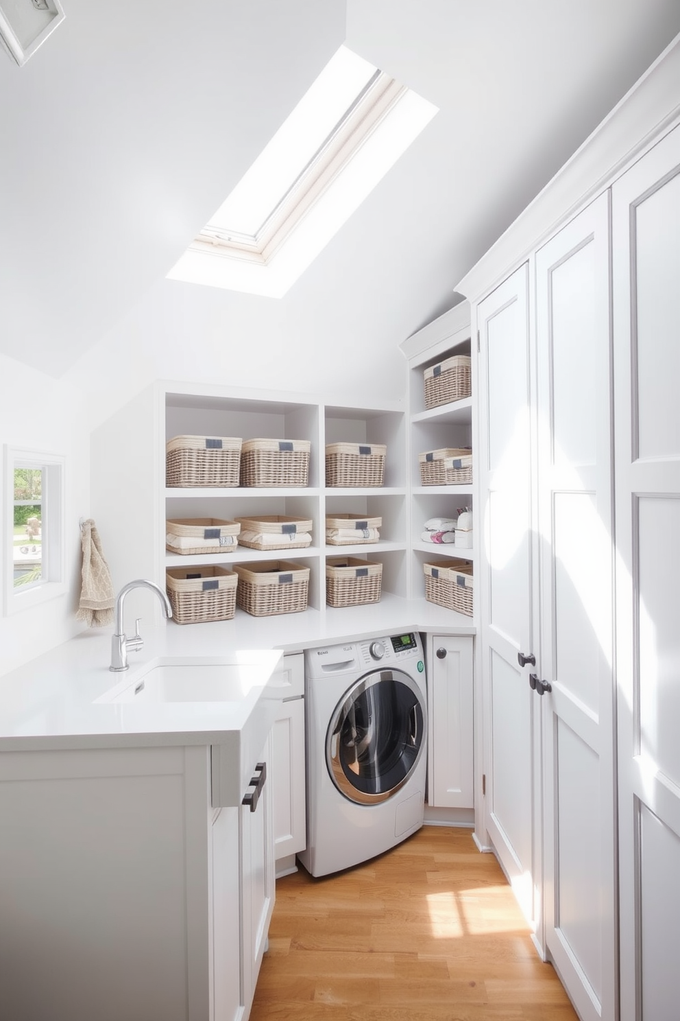 A functional white attic laundry room with organized storage solutions. The space features sleek white cabinetry, a large farmhouse sink, and a countertop for folding clothes. Natural light floods in through a skylight, illuminating the room and highlighting the clean lines of the design. Decorative baskets line the shelves, providing both style and practicality for laundry essentials.