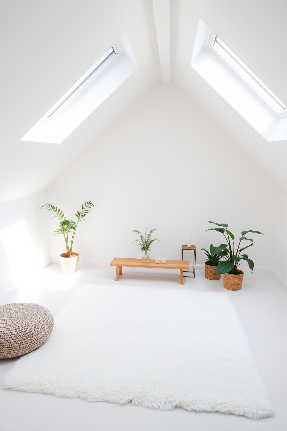 A tranquil white attic meditation space featuring soft natural light streaming through skylights. The room is adorned with minimalistic decor, including a plush white rug and a low wooden bench for seating. The walls are painted in a serene white hue, creating a calming atmosphere. A few potted plants are strategically placed to enhance the peaceful ambiance, while a small table holds candles for relaxation.