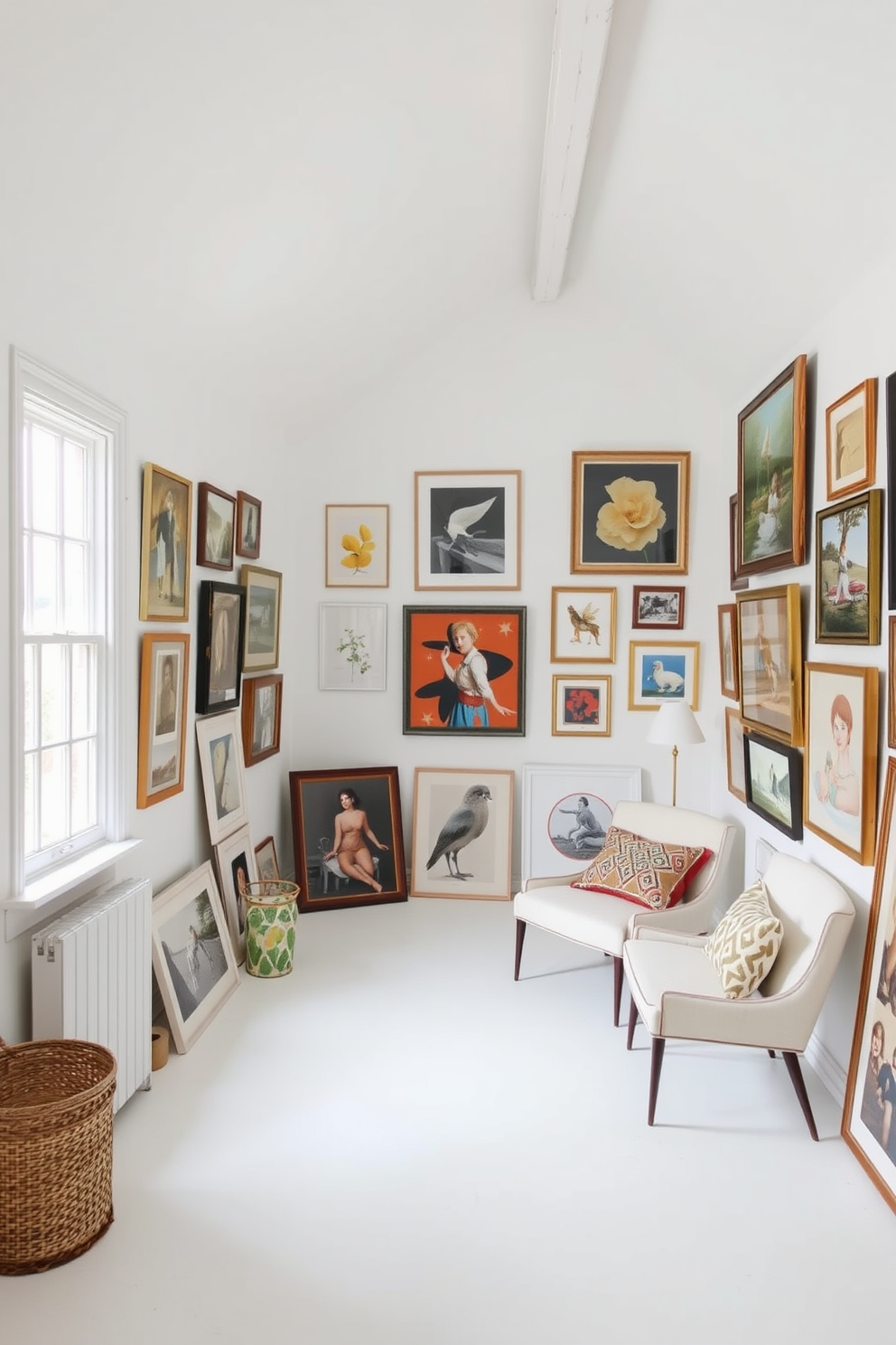 Artistic white attic gallery with framed pieces. The walls are painted in a crisp white, creating a bright and airy atmosphere filled with natural light. A mix of modern and vintage frames showcases an eclectic collection of artwork. Cozy seating is arranged near a window, inviting relaxation and inspiration.