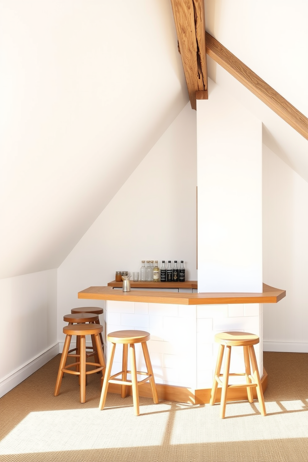 Charming white attic bar area with stools featuring a sloped ceiling adorned with exposed wooden beams. The walls are painted in a crisp white, complemented by a light wood bar counter with matching stools, creating an inviting space for relaxation.