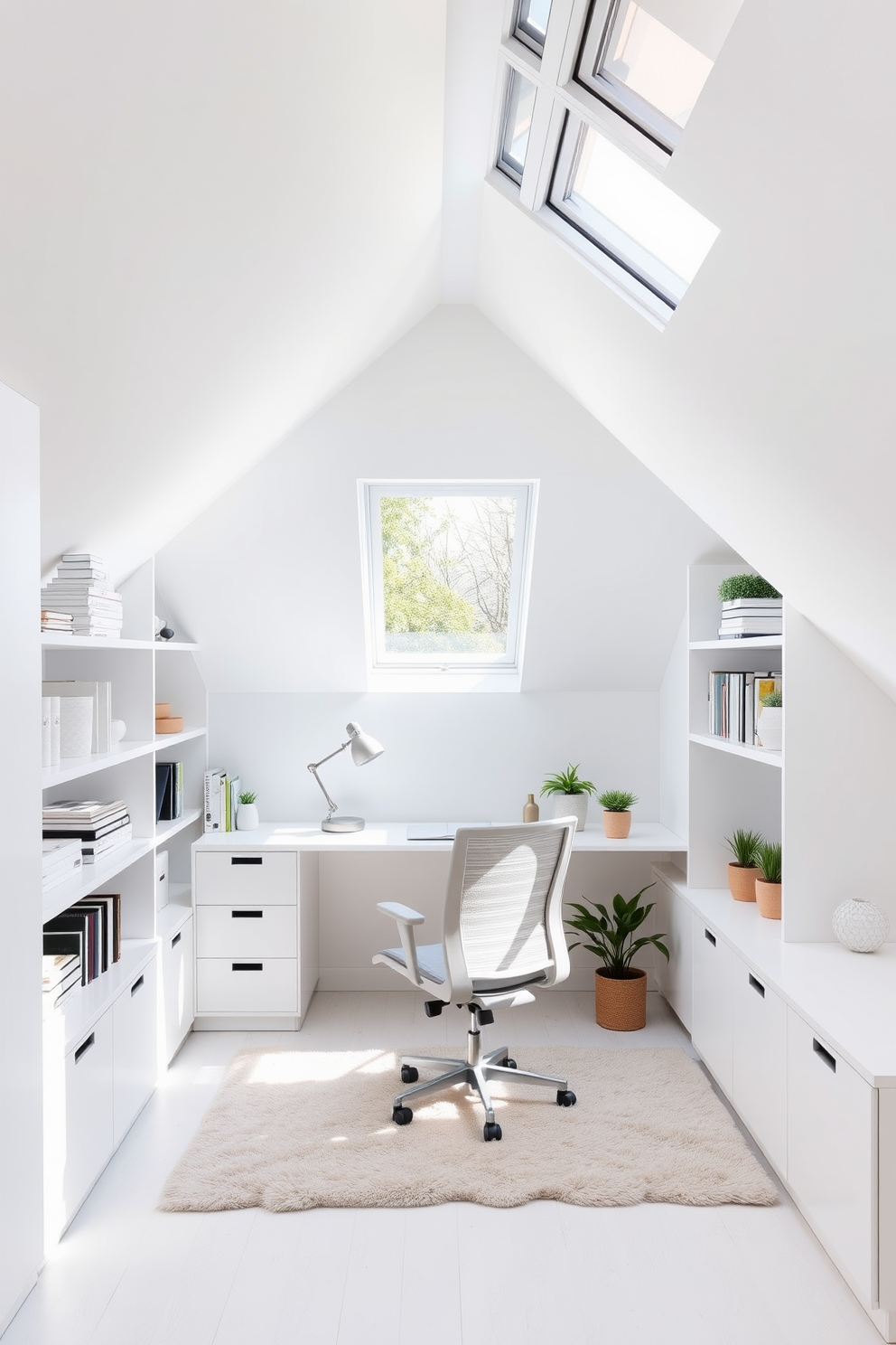 Bright workspace with minimalist desk setup. The room features a sleek white desk with a single potted plant and a modern desk lamp. White attic room design ideas. The space is filled with natural light from skylights and has white walls complemented by soft, cozy furnishings.