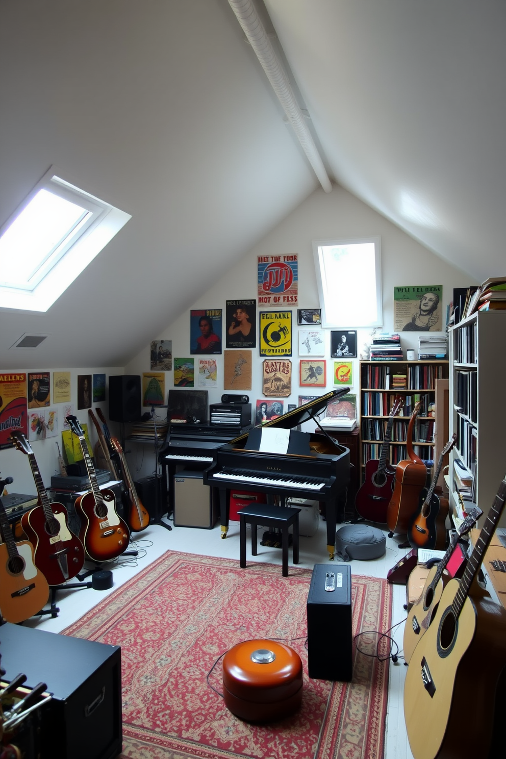 An eclectic white attic music room filled with various musical instruments. The walls are adorned with vintage posters and the floor is covered with a cozy area rug. Natural light spills in through skylights, illuminating a grand piano positioned in one corner. Shelves filled with books and records line the walls, adding character and warmth to the space.