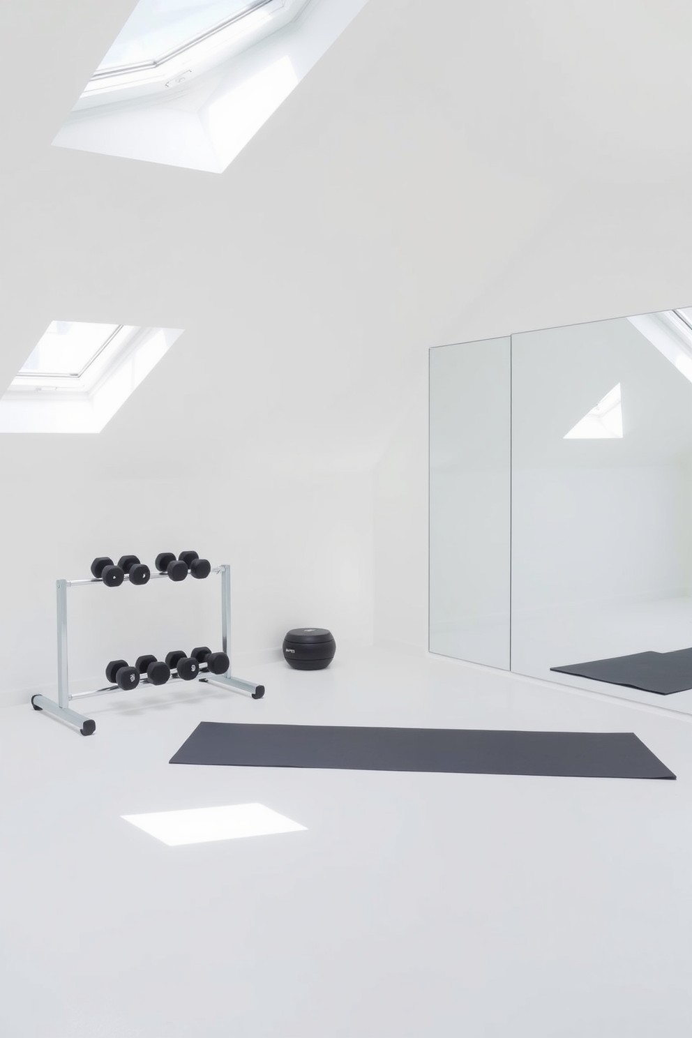 A simple white attic gym features sleek exercise equipment arranged for optimal functionality. The walls are painted a bright white, and natural light floods the space through skylights, creating an inviting atmosphere. In one corner, a set of dumbbells rests on a minimalist rack, while a yoga mat lies neatly rolled out on the floor. A large mirror spans one wall, enhancing the sense of space and allowing for workout form checks.