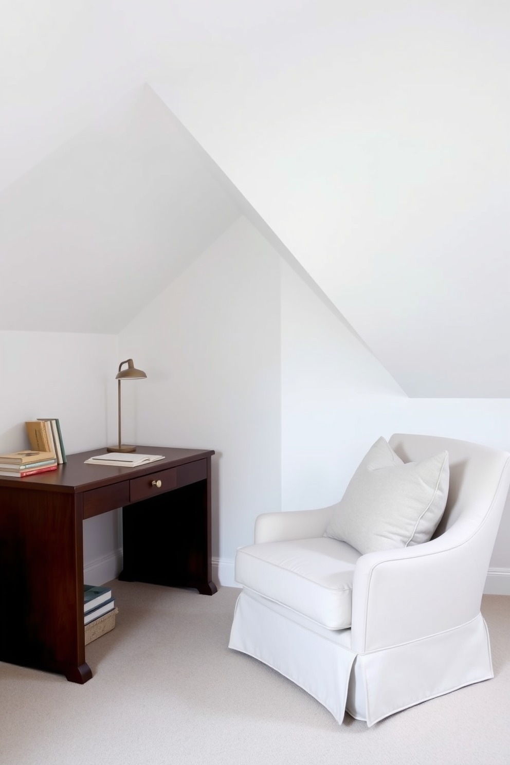 A sophisticated white attic writing nook featuring a sleek wooden desk positioned under a sloped ceiling. The walls are painted in a crisp white, while a cozy armchair sits in the corner, adorned with soft throw pillows.