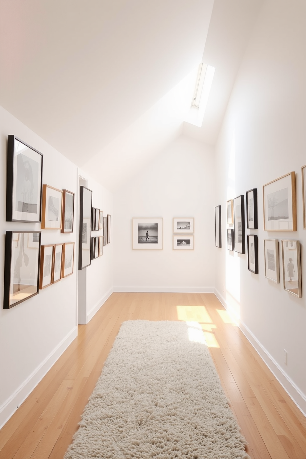 Bright white attic hallway featuring a series of framed artworks arranged along the walls. The space is illuminated by natural light streaming through a skylight, enhancing the airy and open feel of the room. Soft wooden flooring complements the crisp white walls, creating a warm contrast. A plush runner rug adds texture and comfort underfoot, inviting guests to explore the artistic display.