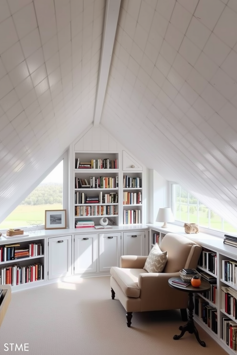 An elegant hallway features white railings that gracefully frame the space. The walls are adorned with soft pastel colors, and the floor is finished with rich hardwood that adds warmth. In the white attic room, natural light pours in through skylights that highlight the airy atmosphere. The design incorporates cozy seating, plush textiles, and a blend of modern and vintage decor elements.