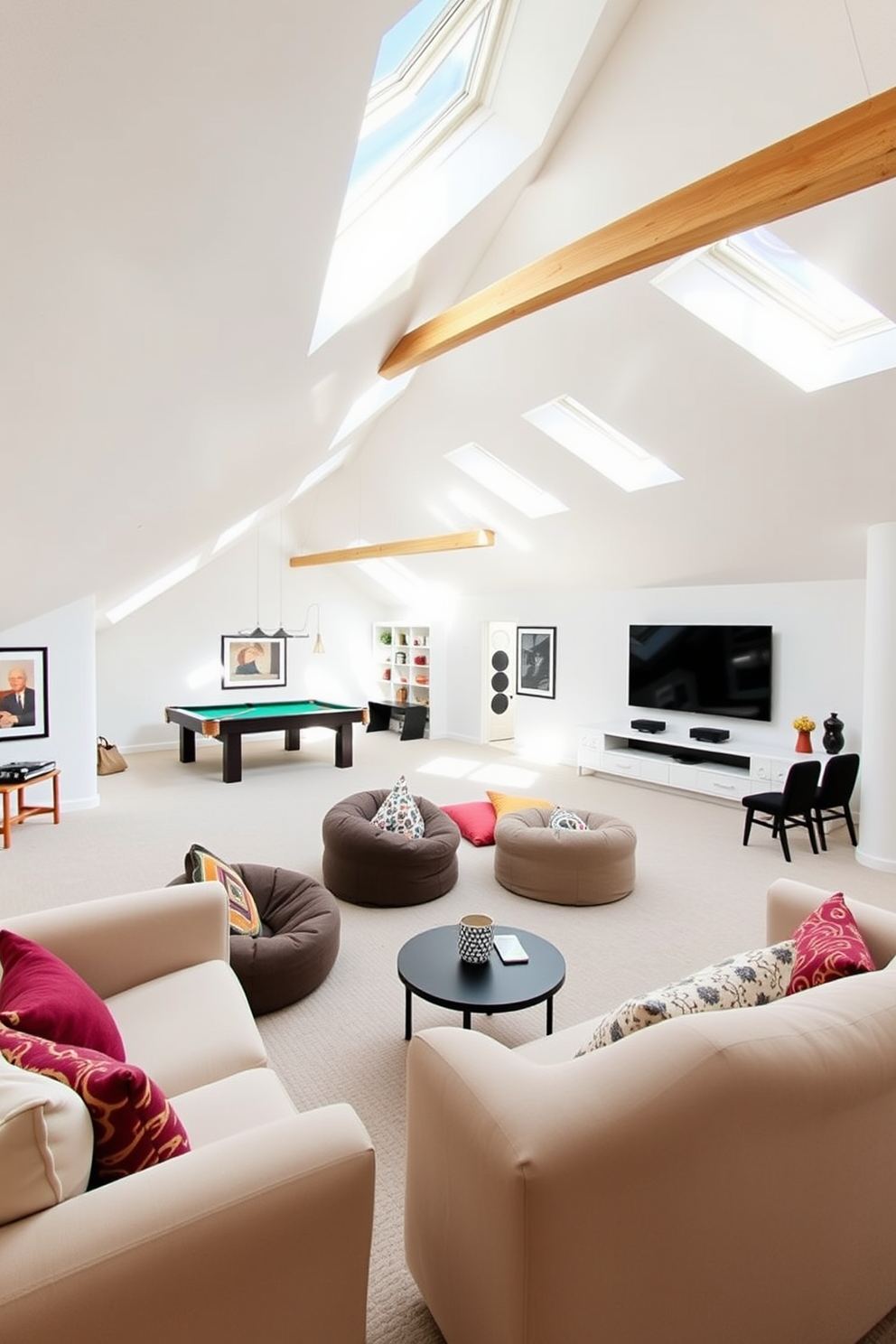 A modern white attic game room designed for entertainment features a spacious layout with plush seating and a large flat-screen television mounted on the wall. Natural light floods the space through skylights, illuminating the sleek white walls and wooden beams that add character to the room. The game area includes a pool table and a cozy lounge corner with bean bags and a small coffee table. Decorative elements like framed artwork and vibrant cushions create a lively atmosphere, making it the perfect retreat for family and friends.