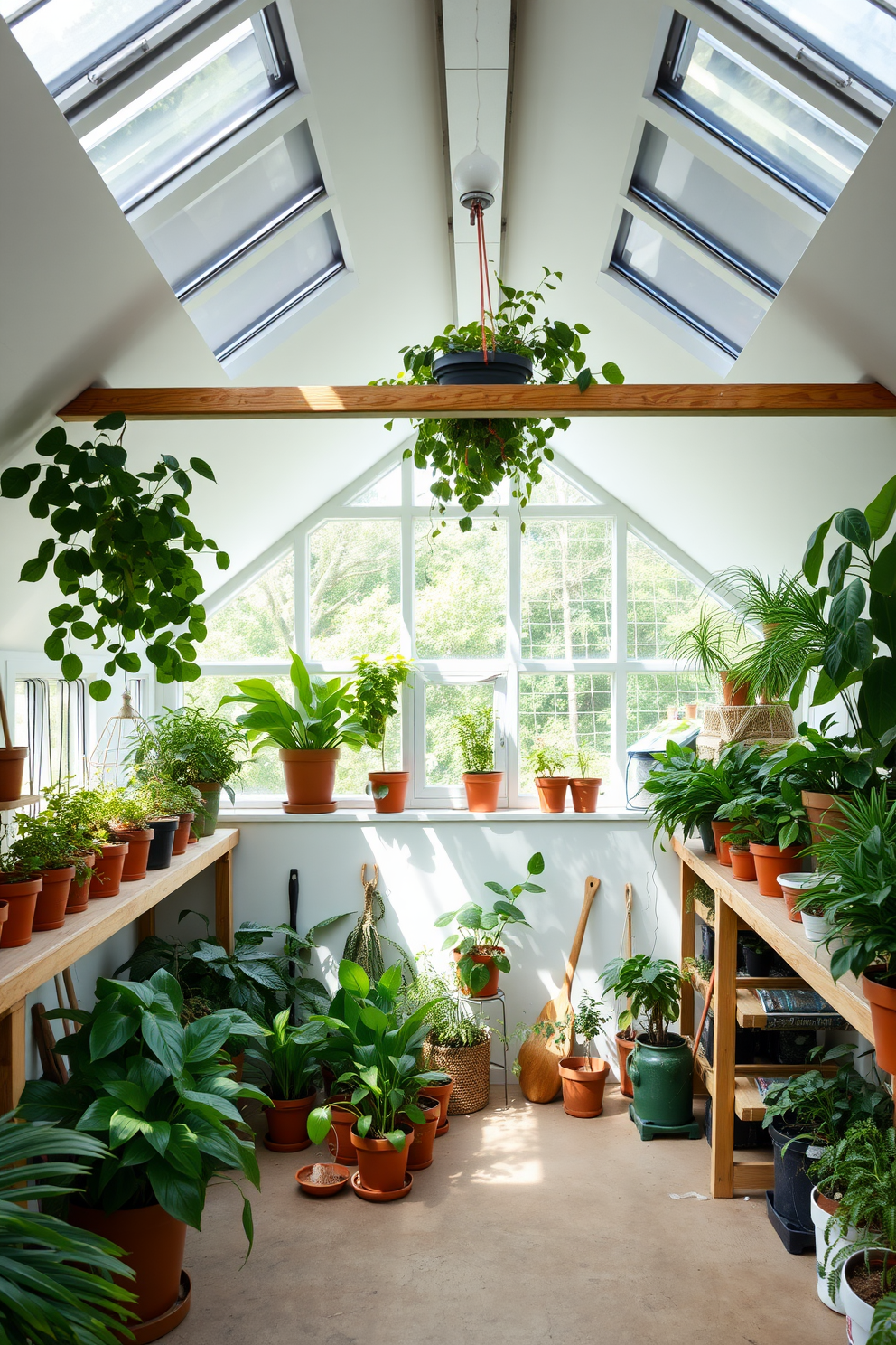 A serene white attic greenhouse filled with a variety of lush green plants. The space features large skylights that allow natural light to flood in, creating a tranquil atmosphere. The walls are painted in a crisp white, enhancing the freshness of the room. Wooden shelves line the walls, showcasing an array of potted plants and gardening tools for a cozy touch.