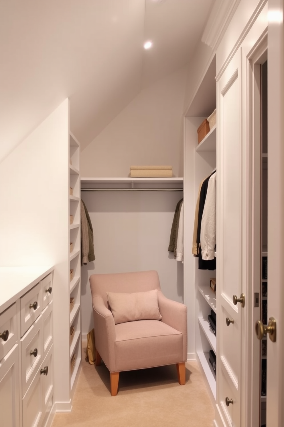 A stylish white attic closet features organized storage solutions with built-in shelves and hanging rods. Soft lighting illuminates the space, enhancing the clean lines and minimalist aesthetic. The walls are painted in a crisp white, creating a bright and airy atmosphere. A cozy reading nook with a plush chair and a small side table adds a touch of comfort to the design.