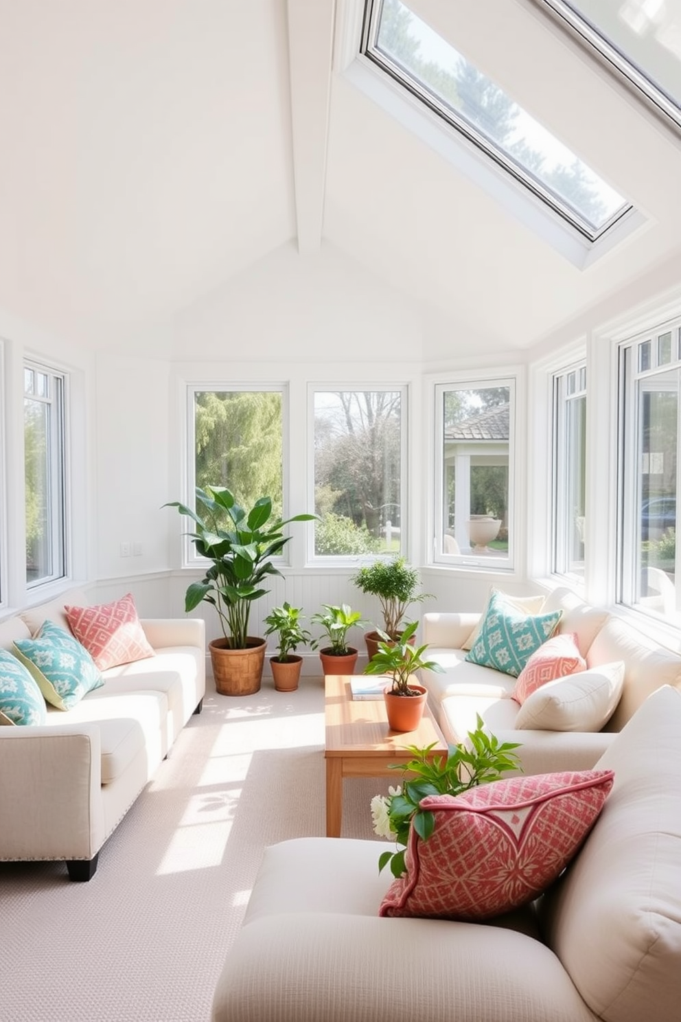 Inviting white attic sunroom with seating. The space features large windows that allow natural light to flood in, creating a bright and airy atmosphere. Soft white walls are complemented by cozy seating options, including a plush sofa adorned with colorful throw pillows. A light wooden coffee table sits in the center, surrounded by potted plants that add a touch of greenery.