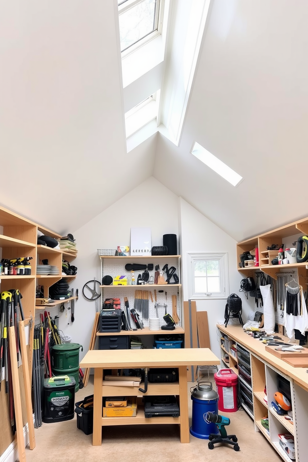 Bright white attic workshop with tools. The space features sloped ceilings and large skylights that fill the room with natural light. Wooden shelves line the walls, displaying an array of tools and supplies. A sturdy workbench sits in the center, surrounded by organized storage for easy access.