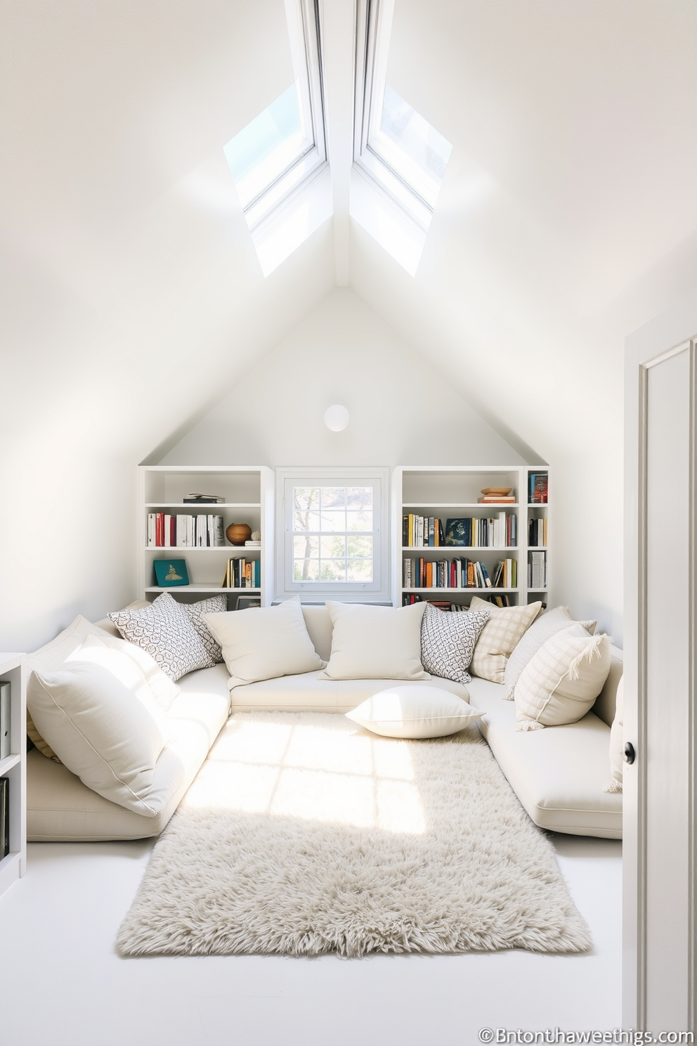 An elegant bedroom features white shiplap walls that create a fresh and airy atmosphere. The room is adorned with a plush king-sized bed dressed in soft linens and accented with decorative throw pillows. Natural light floods the space through large windows, highlighting a cozy reading nook with a comfortable chair and a small side table. A stylish area rug anchors the room, providing warmth and texture to the overall design.