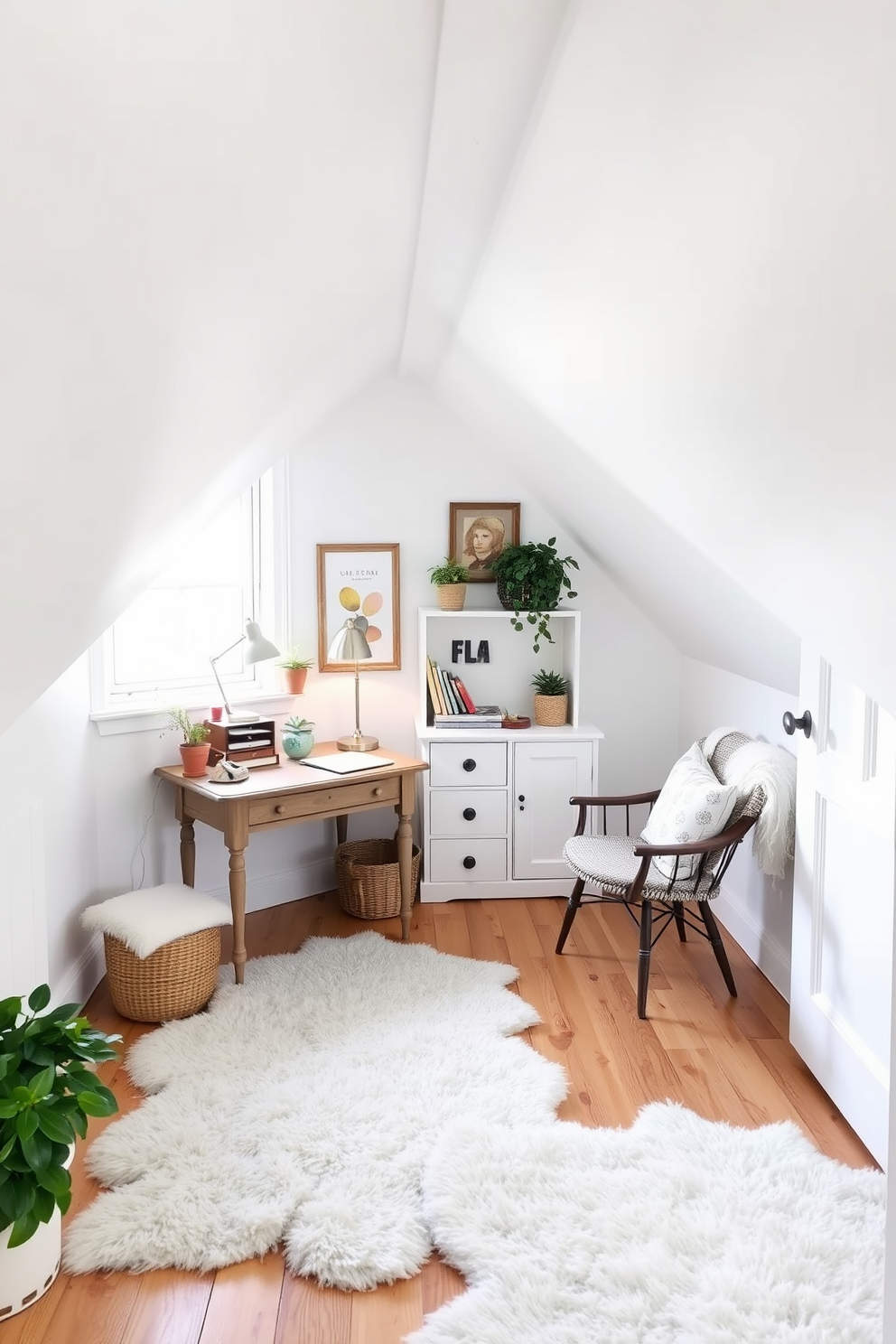 Charming white attic home office with decor. The room features sloped ceilings painted in crisp white, creating an airy and spacious feel. A vintage wooden desk sits against the wall, adorned with a stylish desk lamp and a few potted plants. Soft, plush rugs cover the wooden floor, and a cozy reading nook is set up by the window with a comfortable chair and a small bookshelf.