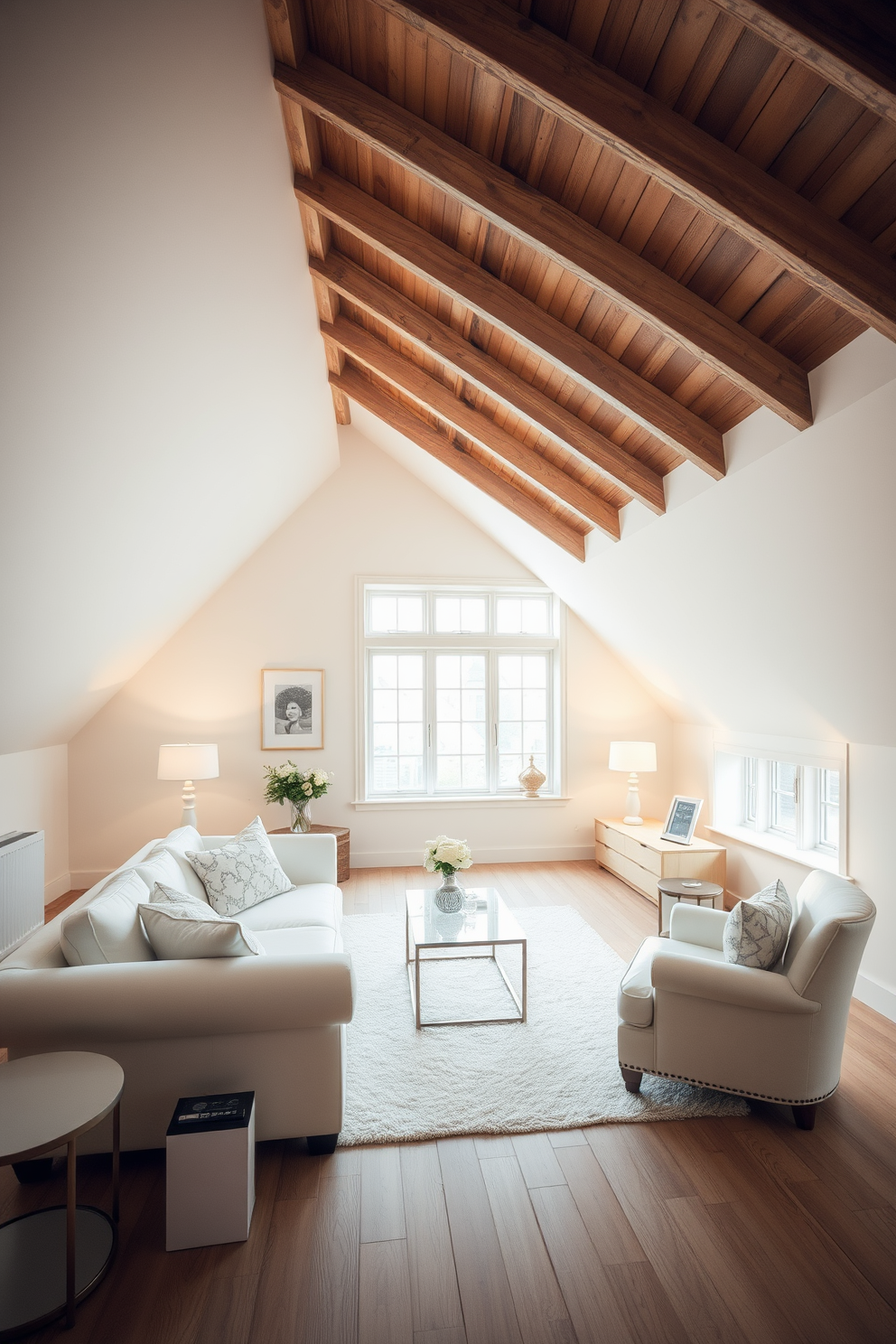 Chic lounge area with soft white throws. The space features a plush sectional sofa adorned with textured cushions and a stylish coffee table made of reclaimed wood. White attic room design ideas. The room showcases sloped ceilings with exposed beams, complemented by minimalist furniture and large windows that allow natural light to flood the space.