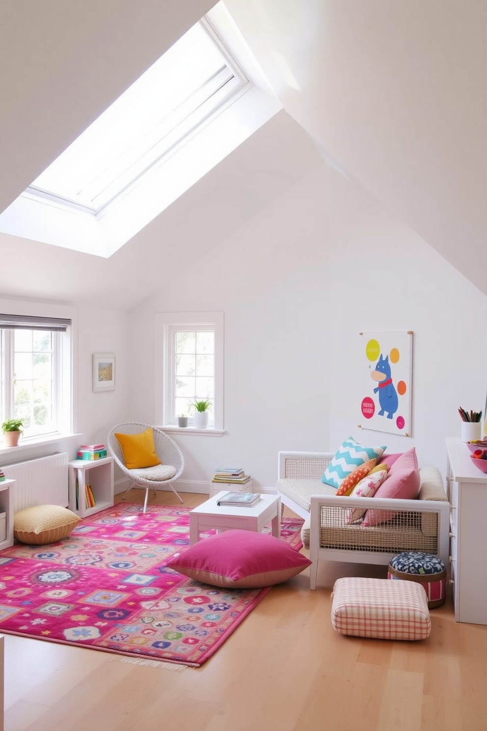 Chic white attic playroom featuring sloped ceilings and large windows that allow natural light to flood the space. Colorful accents include a vibrant rug, playful wall art, and a mix of bright cushions scattered across a cozy seating area.