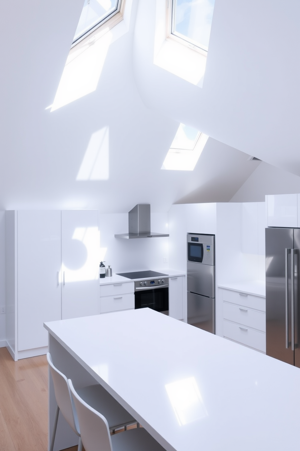 A sleek white attic kitchen features modern finishes and an open layout. The space is illuminated by natural light streaming through skylights, highlighting the glossy cabinetry and stainless steel appliances. The countertops are made of white quartz, providing a clean and elegant surface for meal preparation. A central island with bar seating complements the minimalist design, creating a functional yet stylish gathering area.