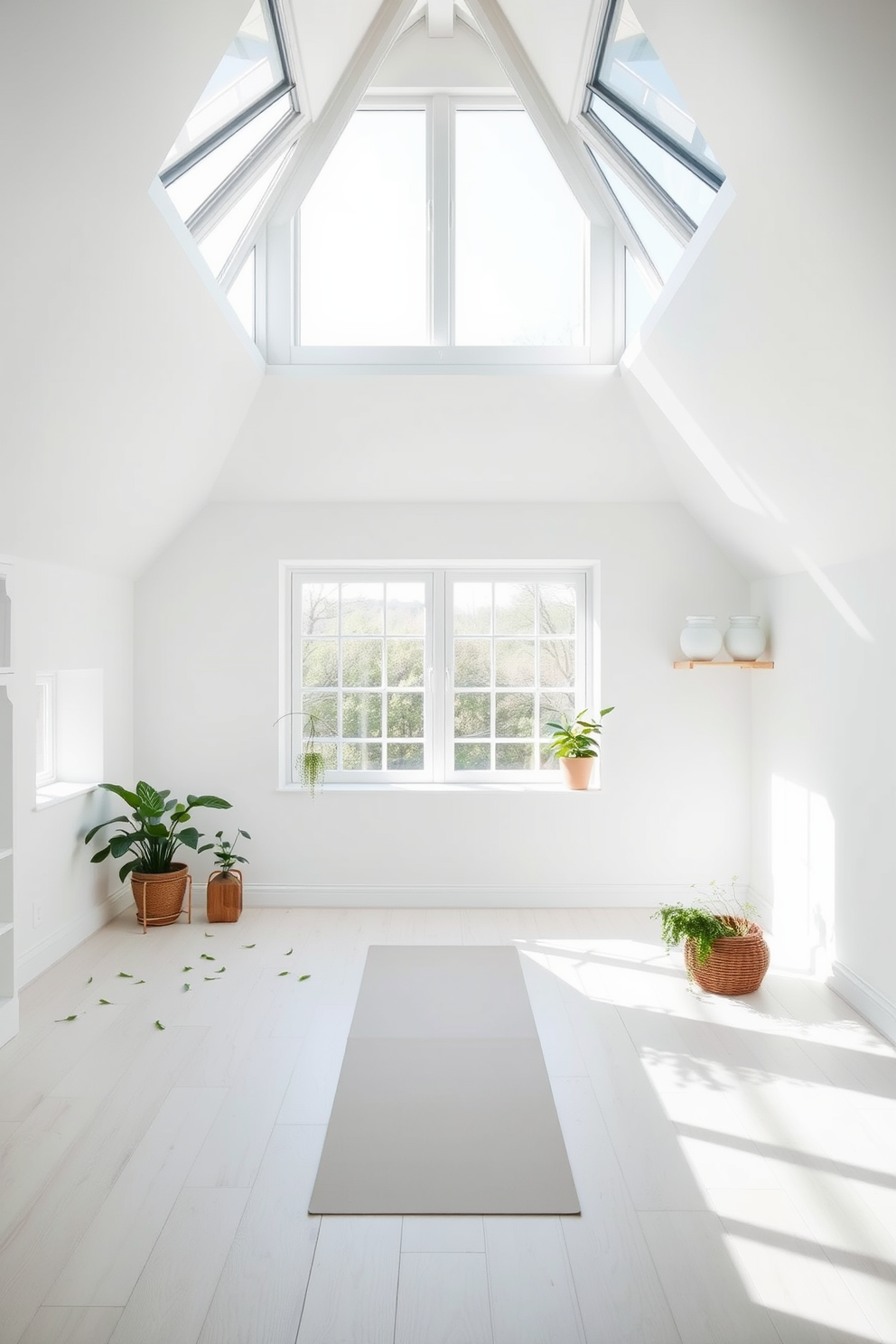 A serene meditation space filled with white decor creates a tranquil atmosphere. Soft cushions are scattered on a plush rug, and a large window allows natural light to flood the room. The white attic room design features sloped ceilings adorned with wooden beams. Cozy nooks are created with built-in shelves, and large windows provide stunning views of the outdoors.