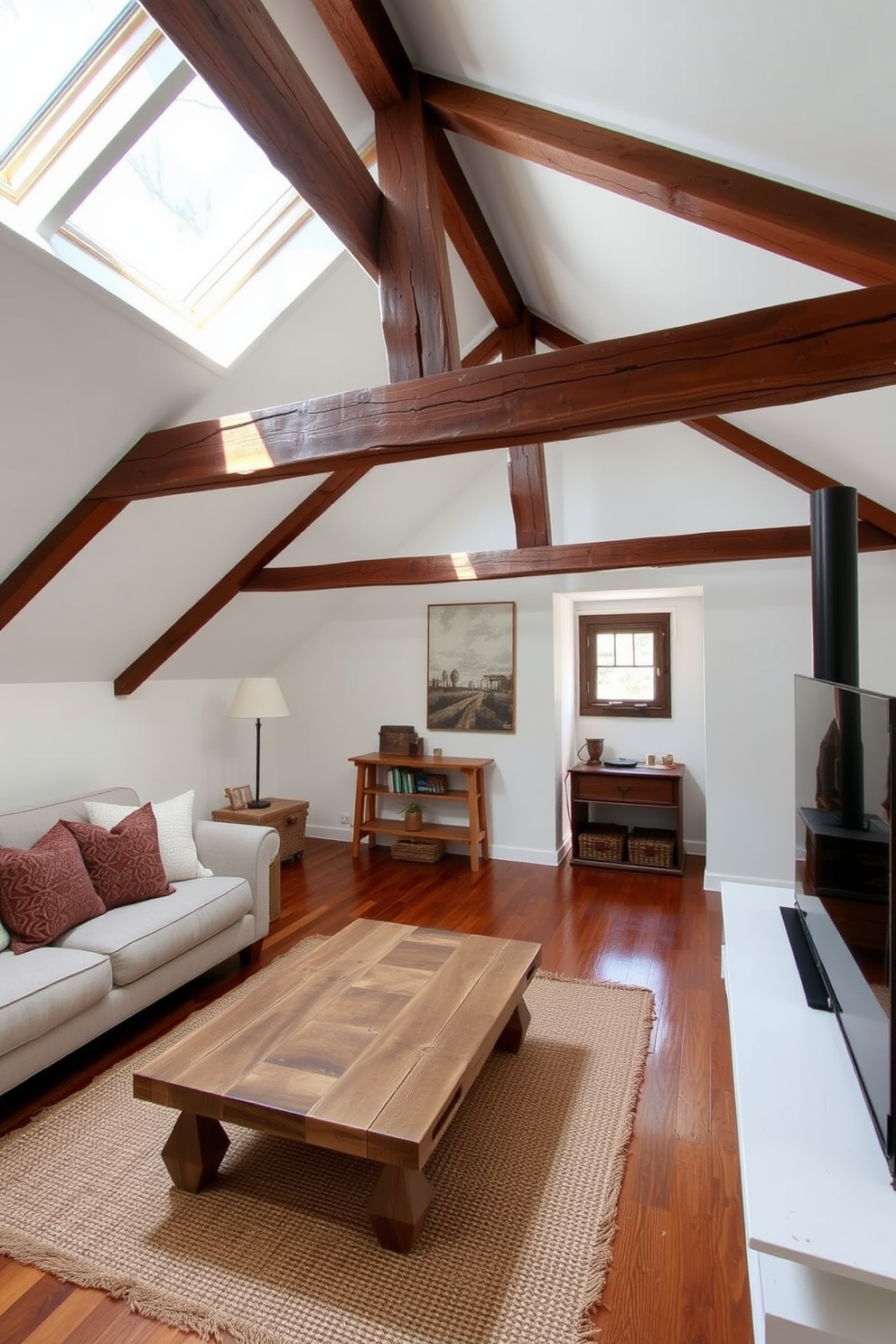 A rustic white attic retreat features exposed wood beams that add warmth and character to the space. The walls are painted in a soft white, creating an airy atmosphere while allowing natural light to flood in through the skylights. The room is furnished with a cozy seating area that includes a plush sofa and a reclaimed wood coffee table. A woven rug adds texture to the hardwood floor, while decorative pillows in earthy tones enhance the inviting feel of the room.