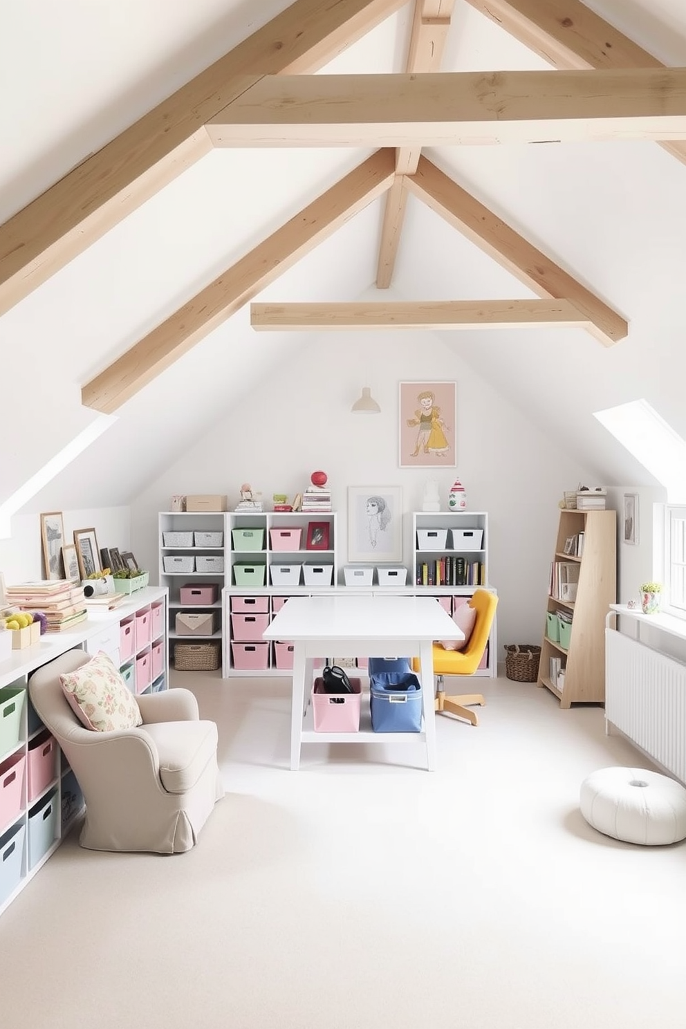 A feminine white attic craft room filled with natural light. The walls are painted in a soft white hue, and the sloped ceiling features exposed wooden beams. A large work table is positioned in the center, surrounded by pastel-colored storage bins and shelves filled with craft supplies. A cozy reading nook with a plush chair and a small bookshelf is tucked into one corner, adorned with decorative pillows.