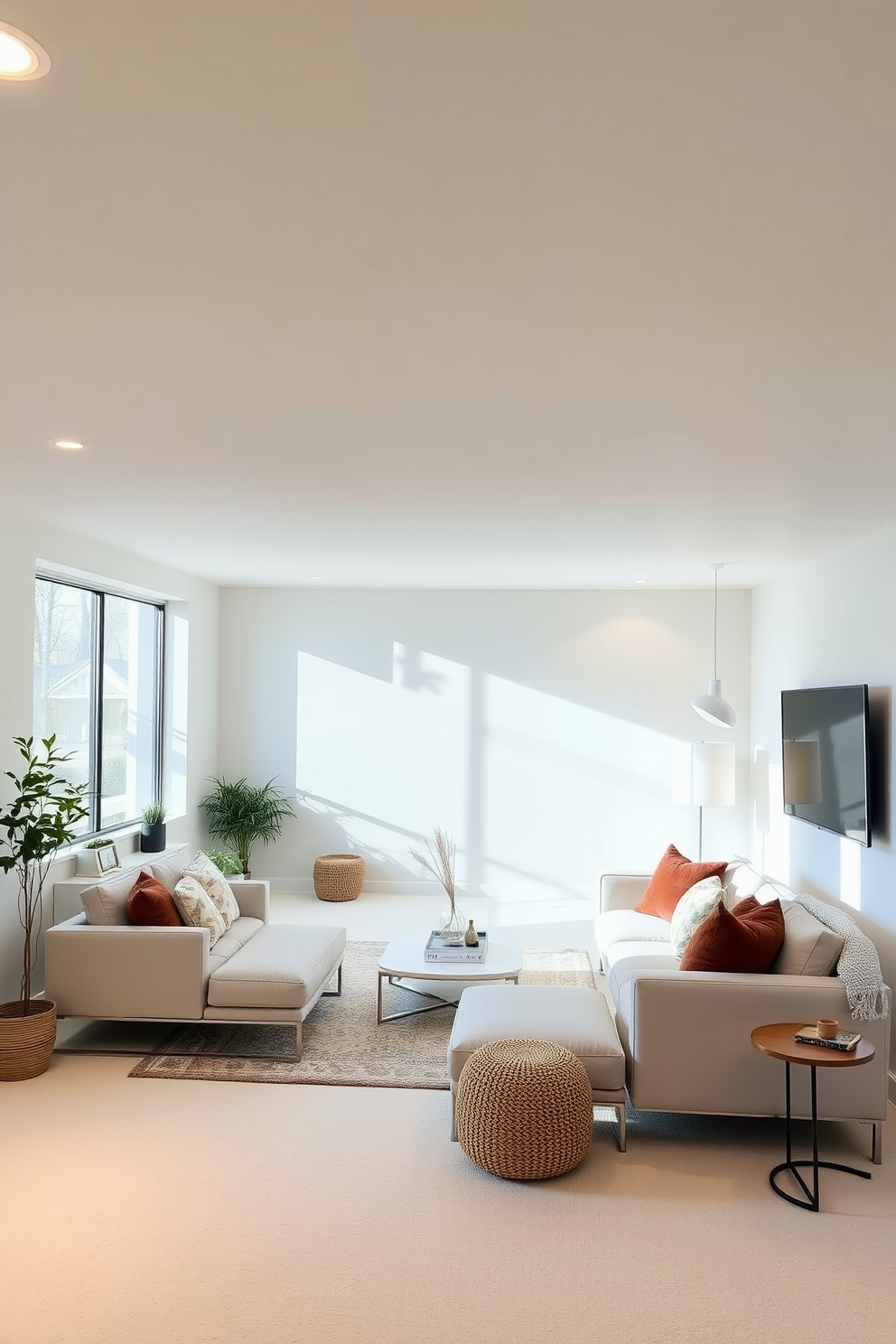 A cozy white sectional sofa is arranged in a welcoming living space. Soft throw pillows in pastel colors are scattered across the sofa, creating an inviting atmosphere. The basement features a modern design with light wood paneling and recessed lighting. A plush area rug anchors the seating area, and a sleek coffee table sits in front of the sectional.