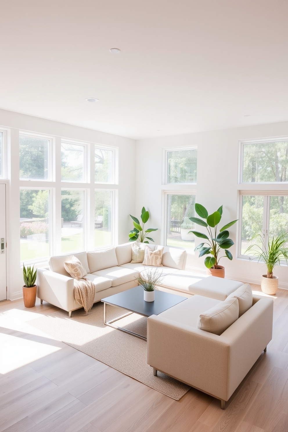 A bright and airy basement featuring large windows that allow ample natural light to flood the space. The design incorporates a neutral color palette with soft white walls and light wood flooring, creating an inviting atmosphere. The room is furnished with a cozy sectional sofa and a sleek coffee table, perfect for relaxation and entertainment. Accents of greenery are added through potted plants placed near the windows, enhancing the fresh and open feel of the space.