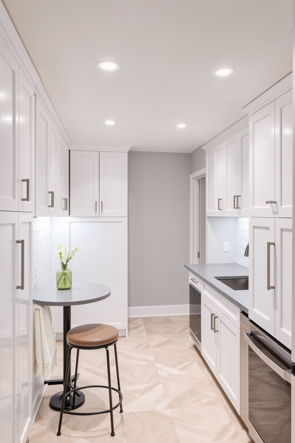 A serene white basement designed with a harmonious gray color palette. The space features plush gray carpeting and white walls adorned with minimalist artwork, creating a tranquil atmosphere. In the center, a sleek white sectional sofa is complemented by gray accent pillows. Natural light filters in through large windows, enhancing the airy feel of the room.